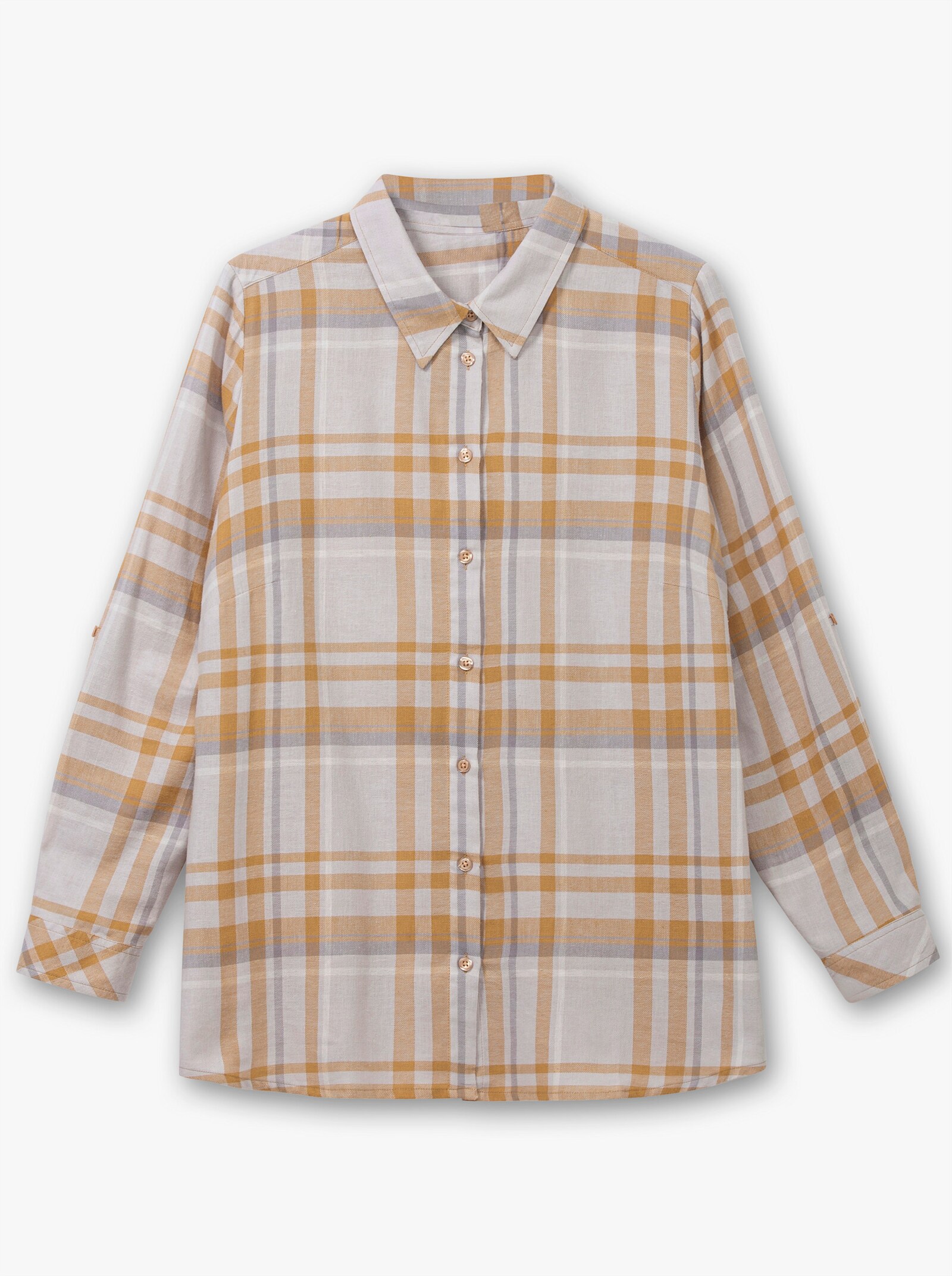 Flanellbluse mit krempelbaren Ärmeln - steingrau-camel-kariert