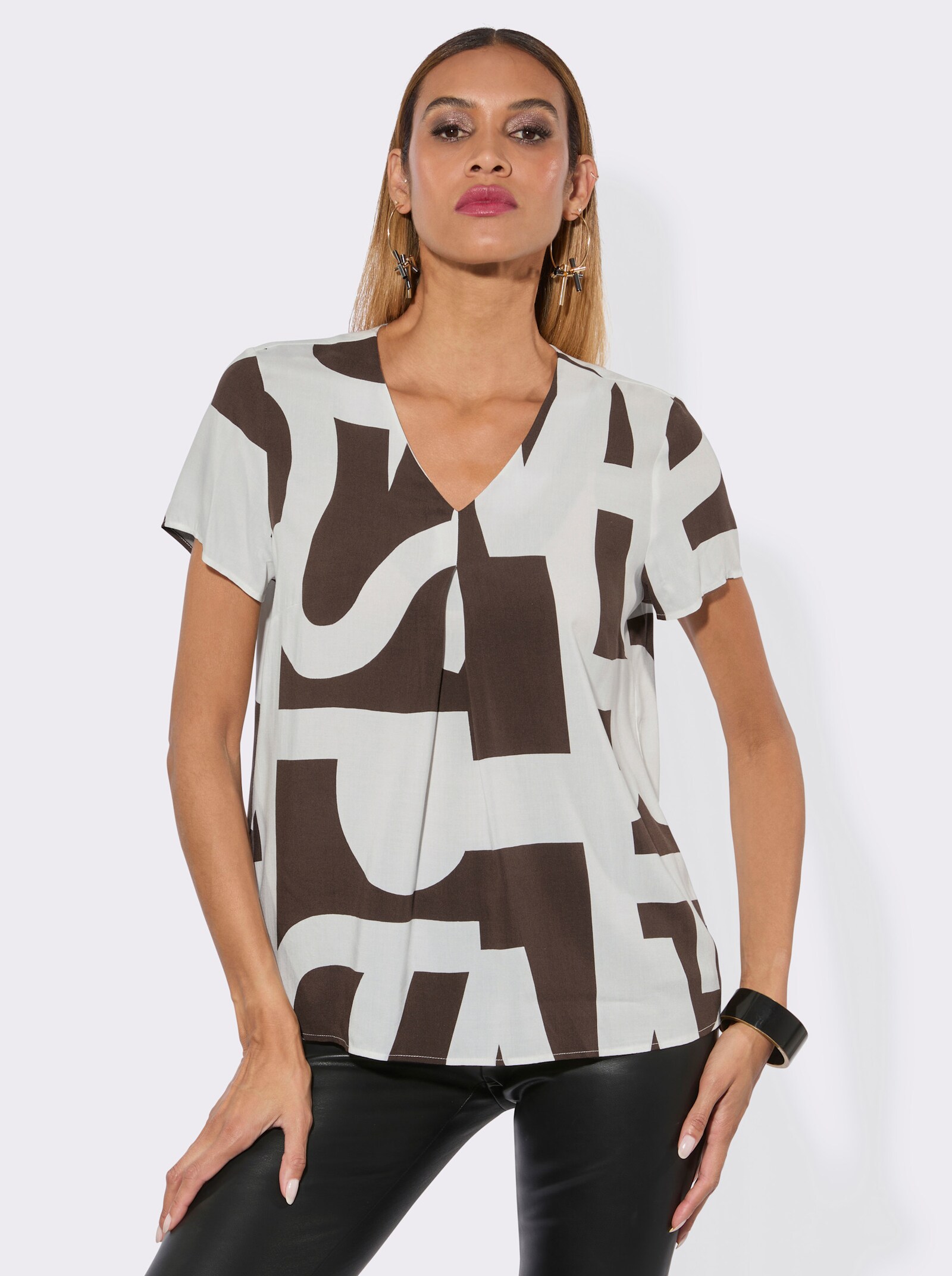 Druckbluse im Lettering-Dessin - ecru-schoko-bedruckt