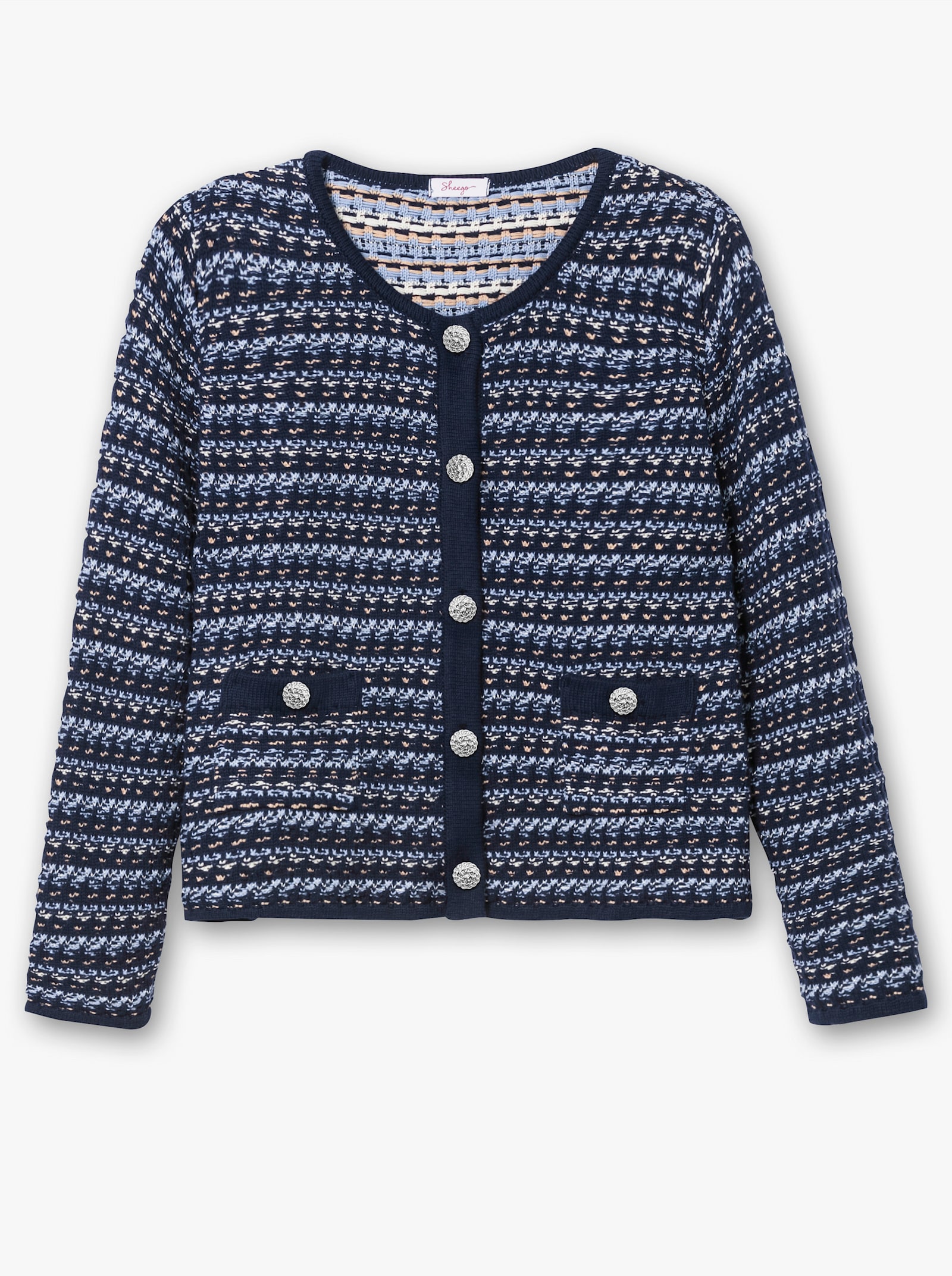 sheego Strickjacke mit Glitzerstreifen - blau gemustert