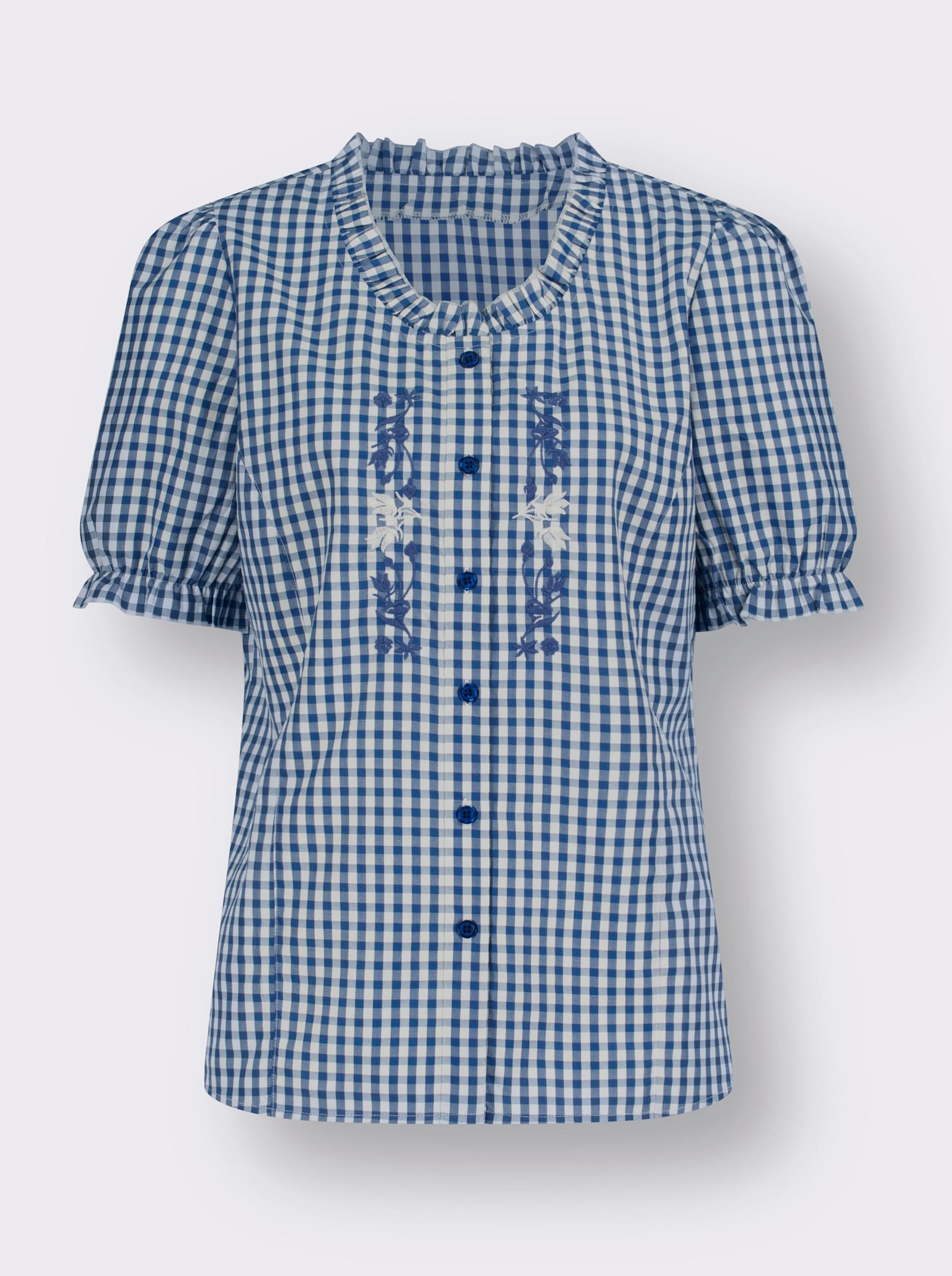 Trachtenbluse mit Stickerei - jeansblau-weiß-kariert
