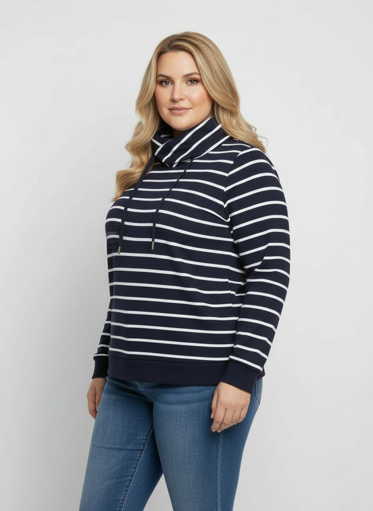 Sweatshirt mit überlappendem Rollkragen - marine-weiß-geringelt