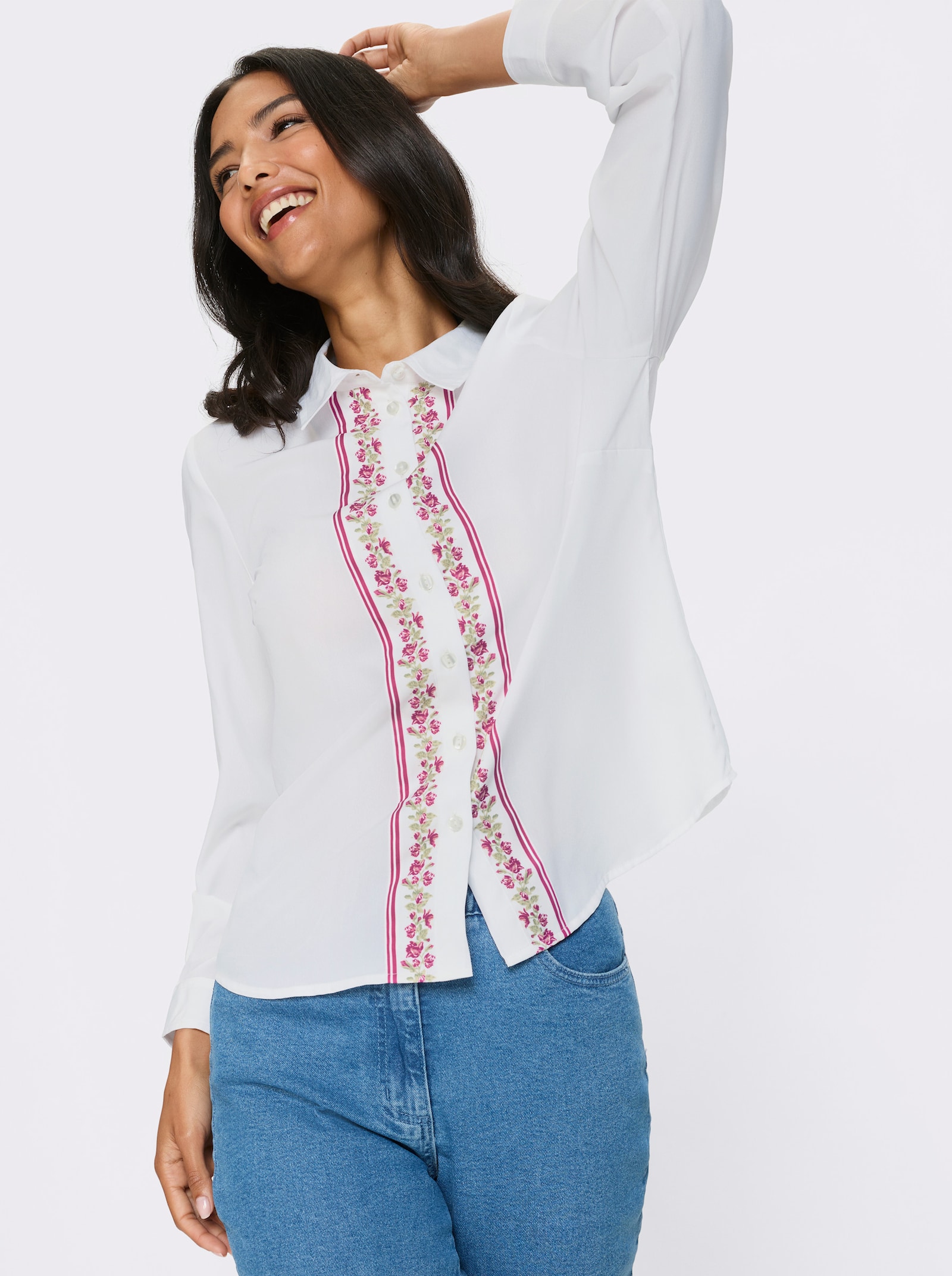 Klasická blúzka, kvetová bordúra - Svetlobéžová a ruženínová potlač