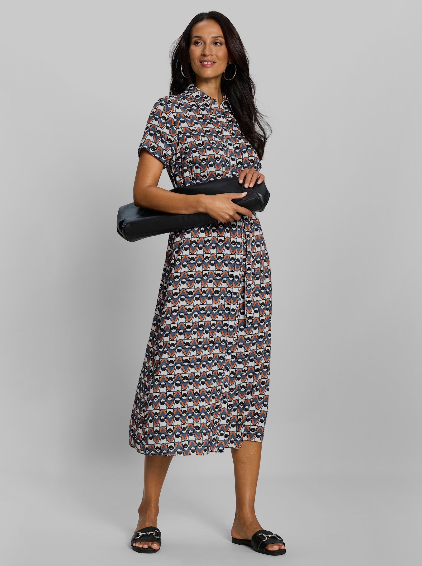 heine Hemdblusenkleid mit Stoffgürtel - taubenblau-ecru-bedruckt