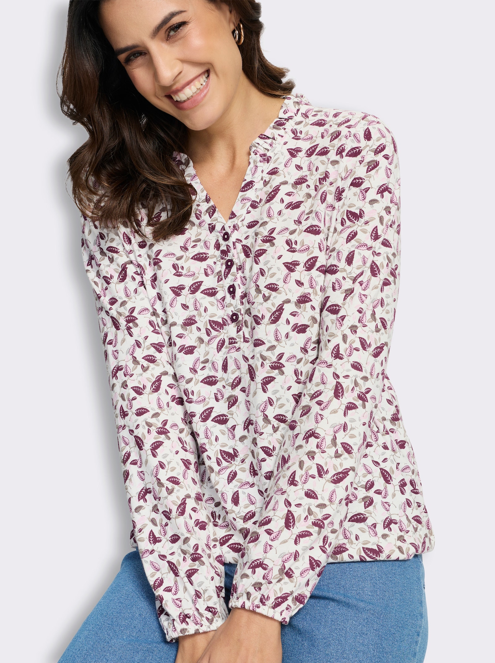 Print-Shirt im Blätter-Dessin - ecru-burgund