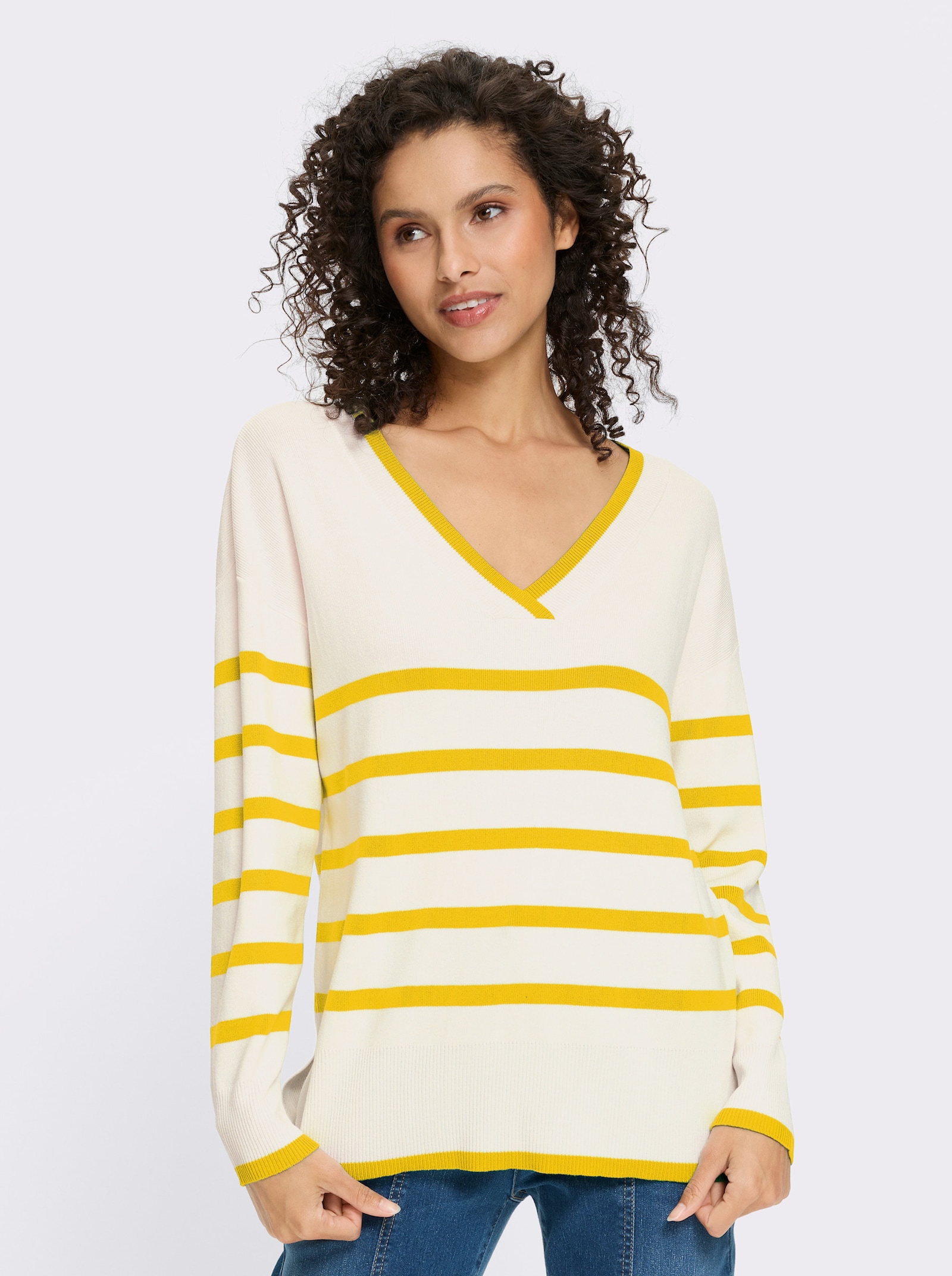 heine Streifenpullover mit V-Ausschnitt - sonnengelb-ecru-geringelt