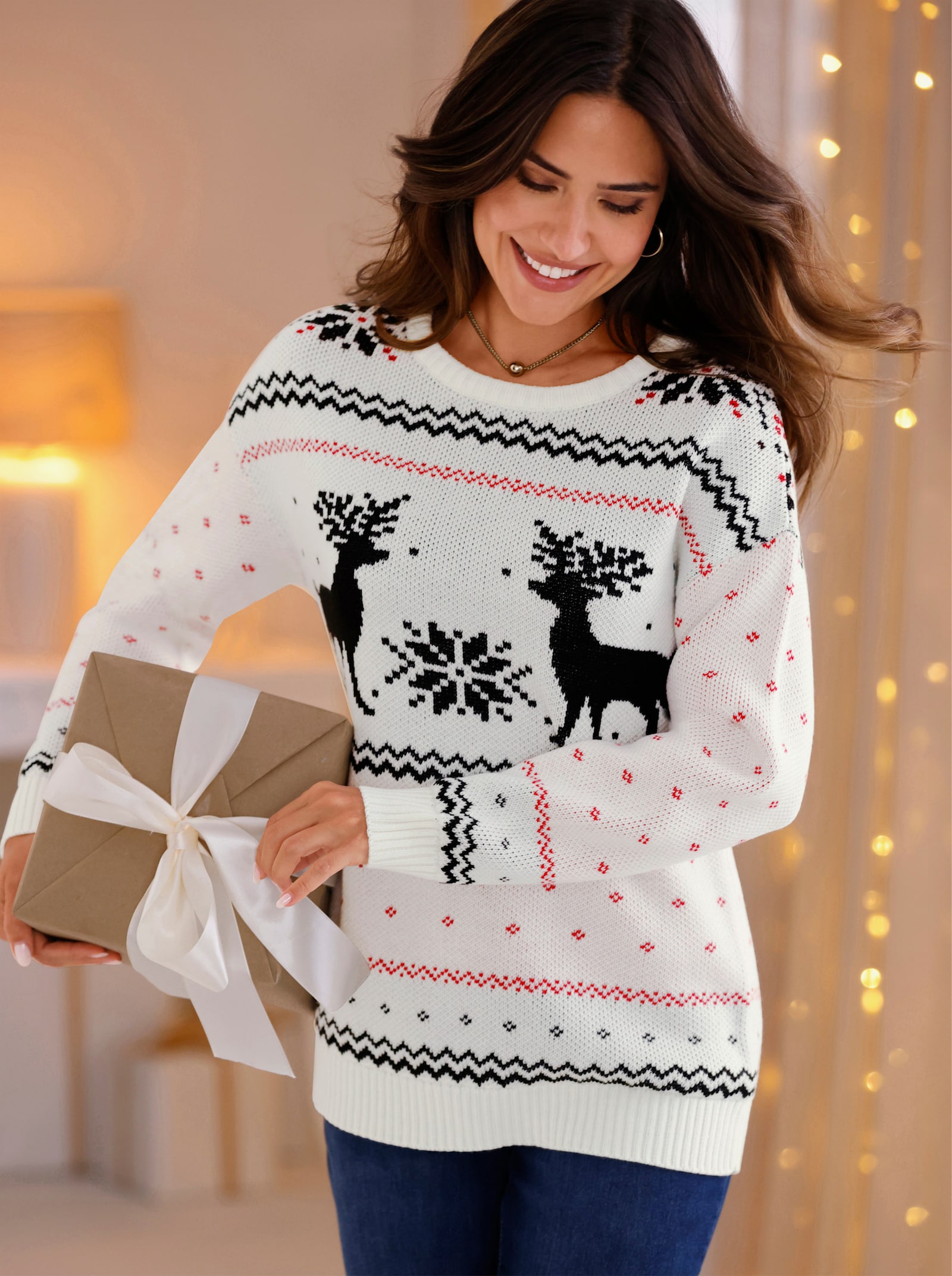 Langarm-Pullover mit Rentier-Motiv - ecru-schwarz-gemustert