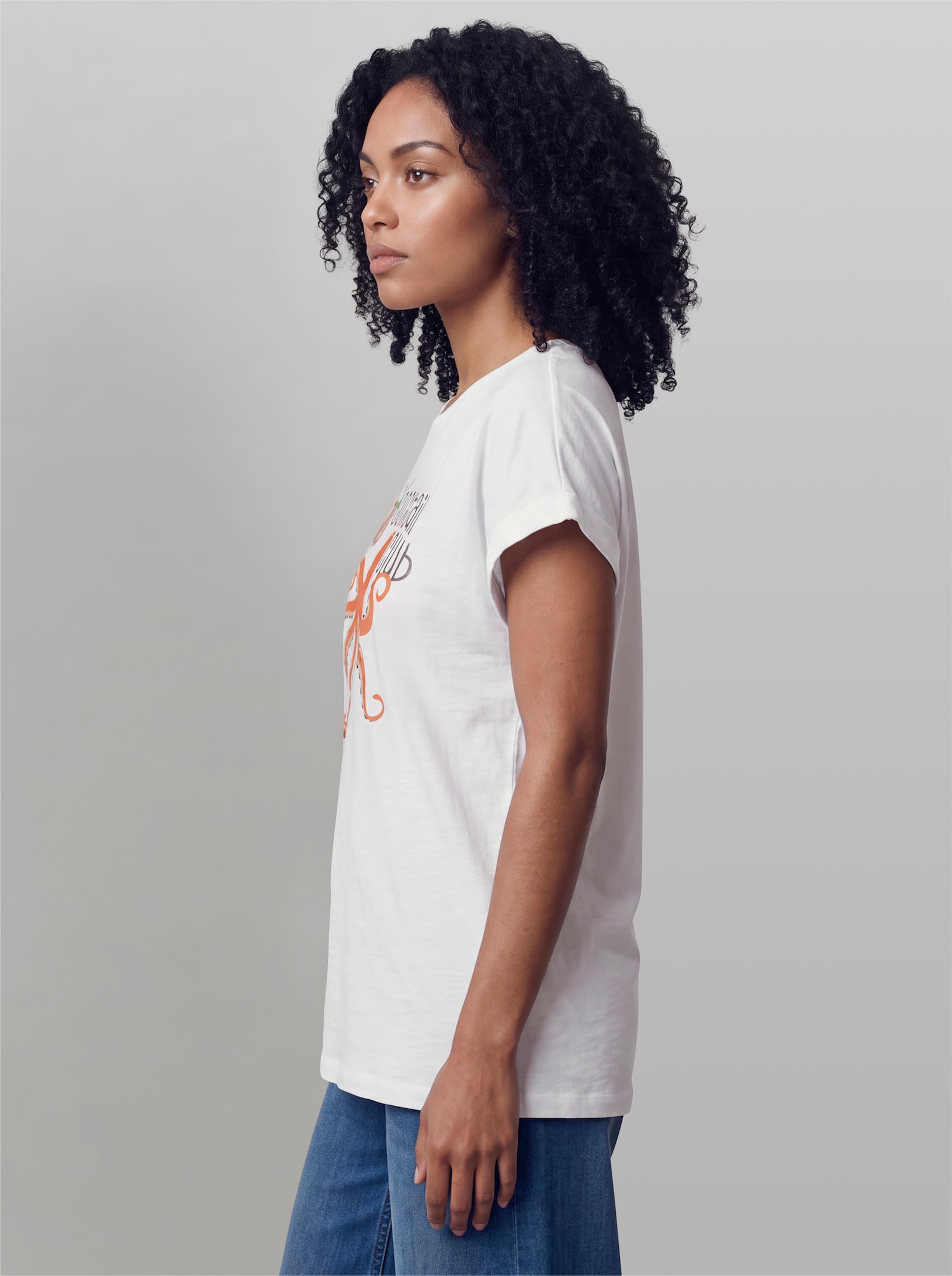 heine Kurzarmshirt mit Kraken-Motiv - weiß-orange-bedruckt