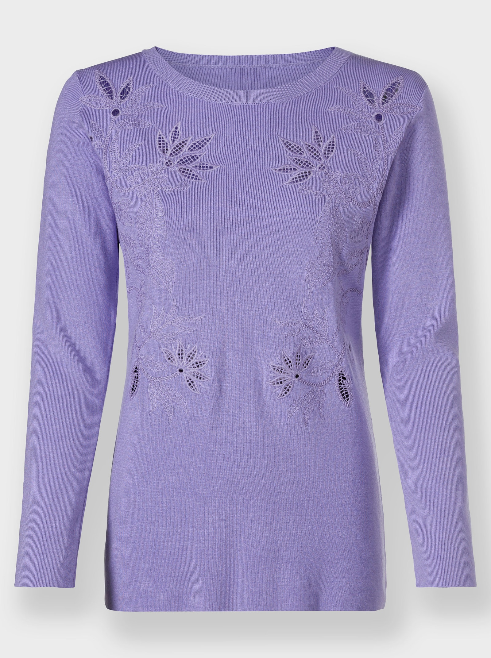 heine Rundhalspullover mit Blütenstickerei - lavendel