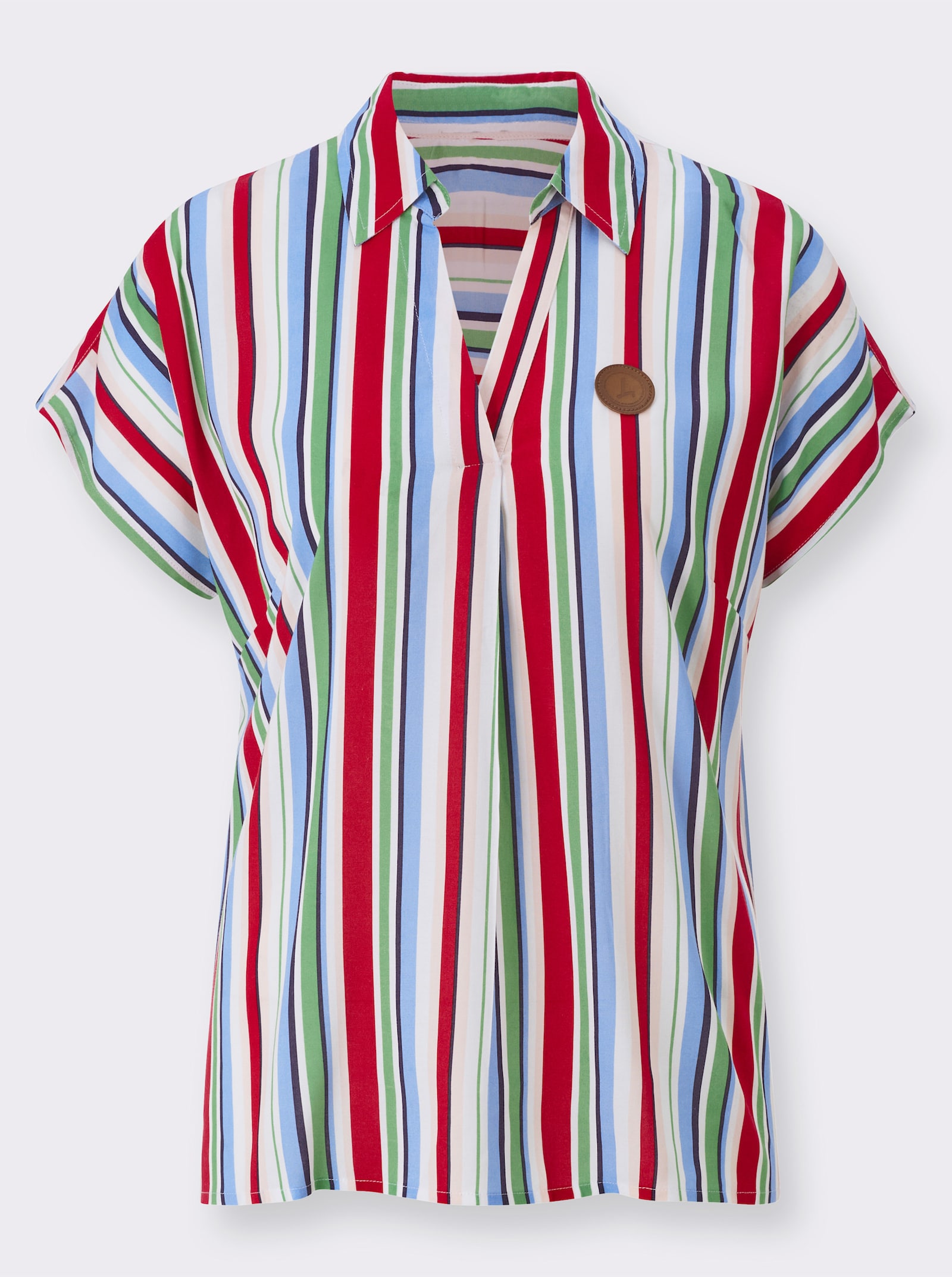 Gestreepte blouse met rimpeling achter - hemelsblauw/rood gestreept