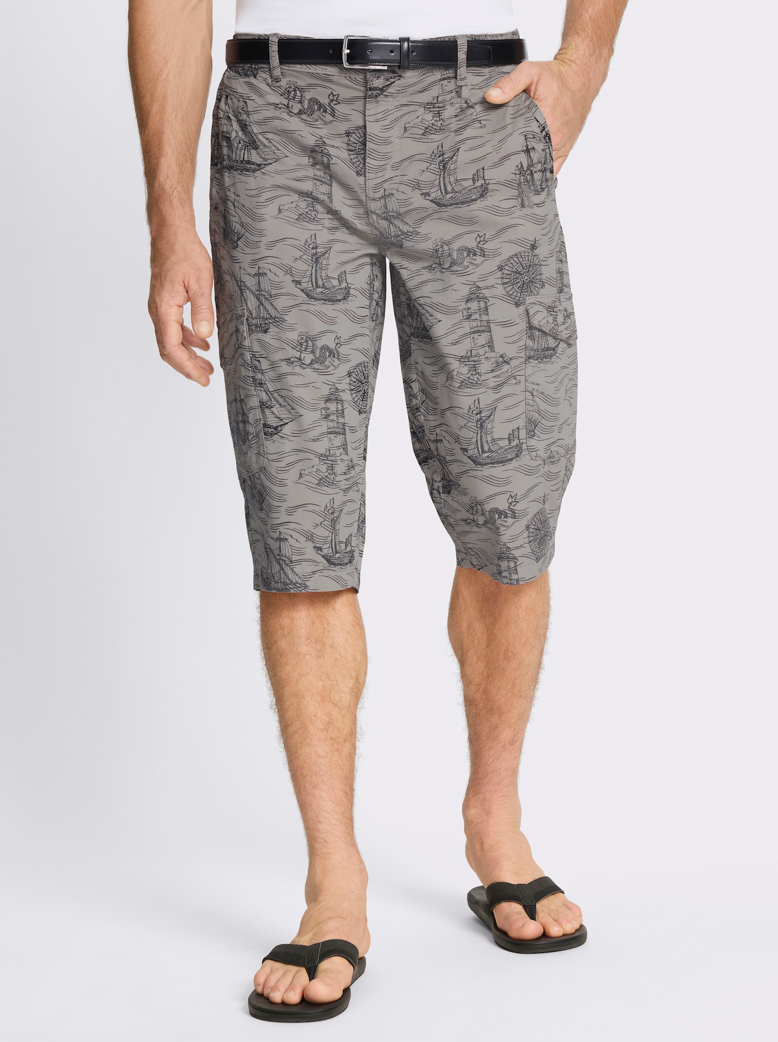 Bermudas mit Piratenschiff-Print, Twill - steingrau-bedruckt