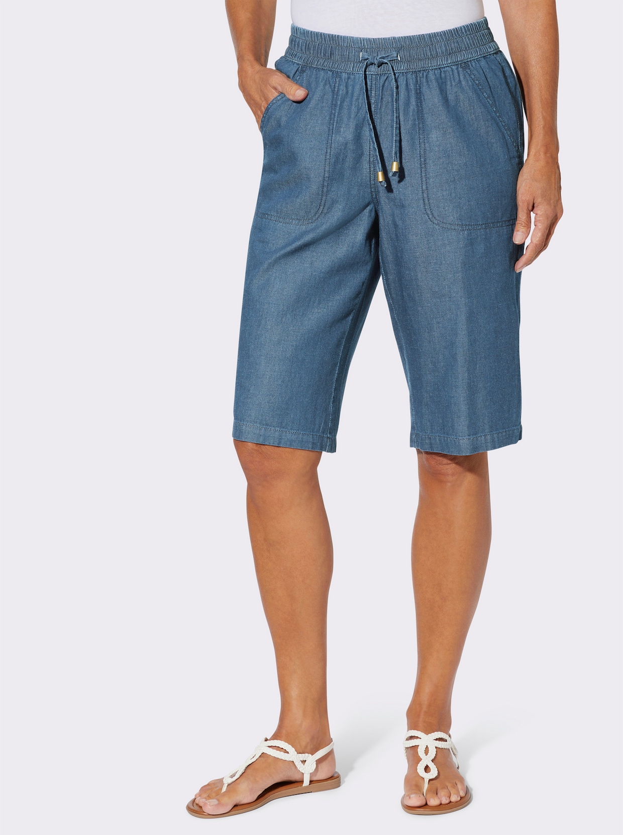 Jeansbermudas mit gesmoktem Dehnbund - blue-bleached