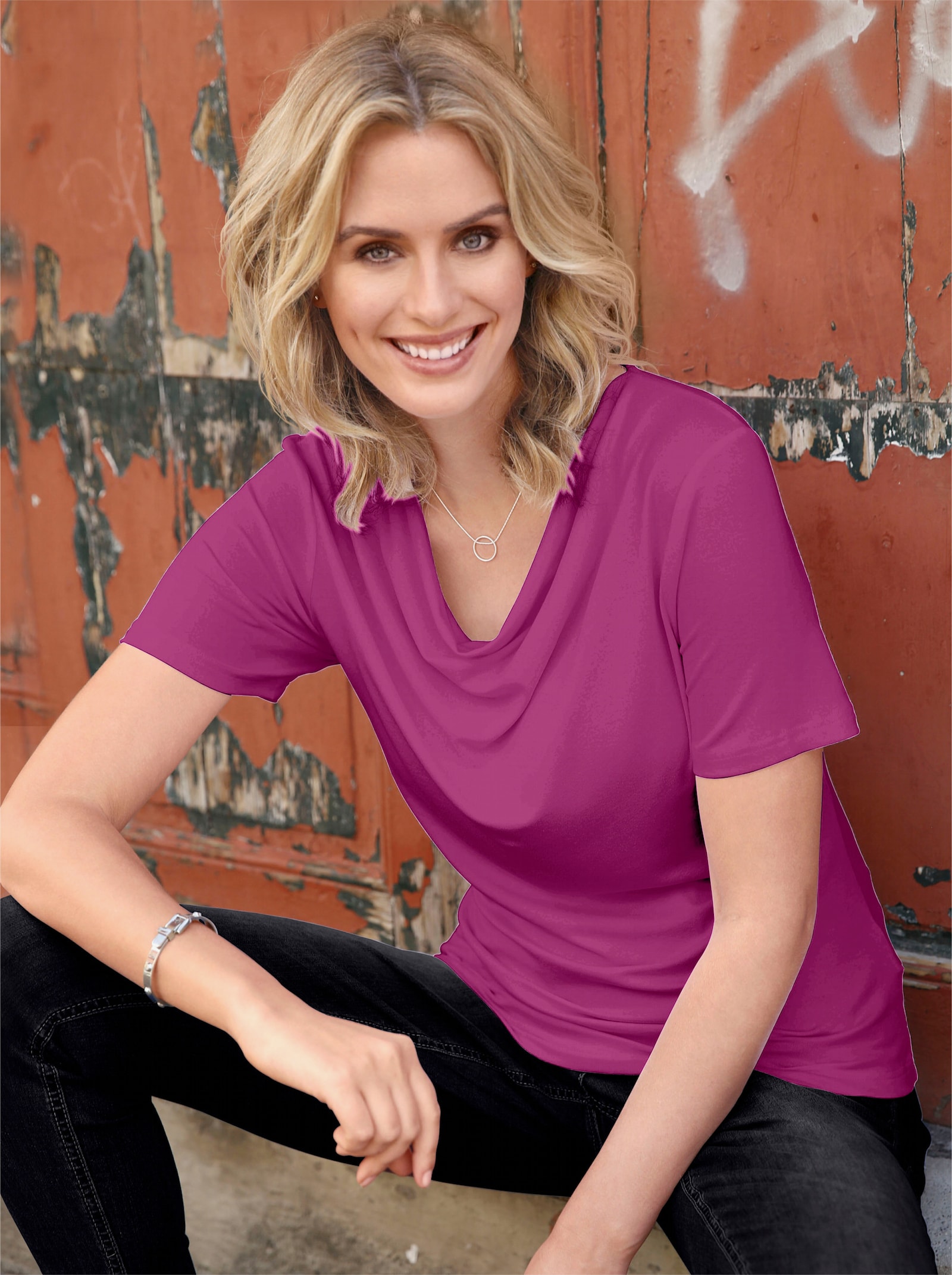 Wasserfallshirt mit kurzen Ärmeln - magenta