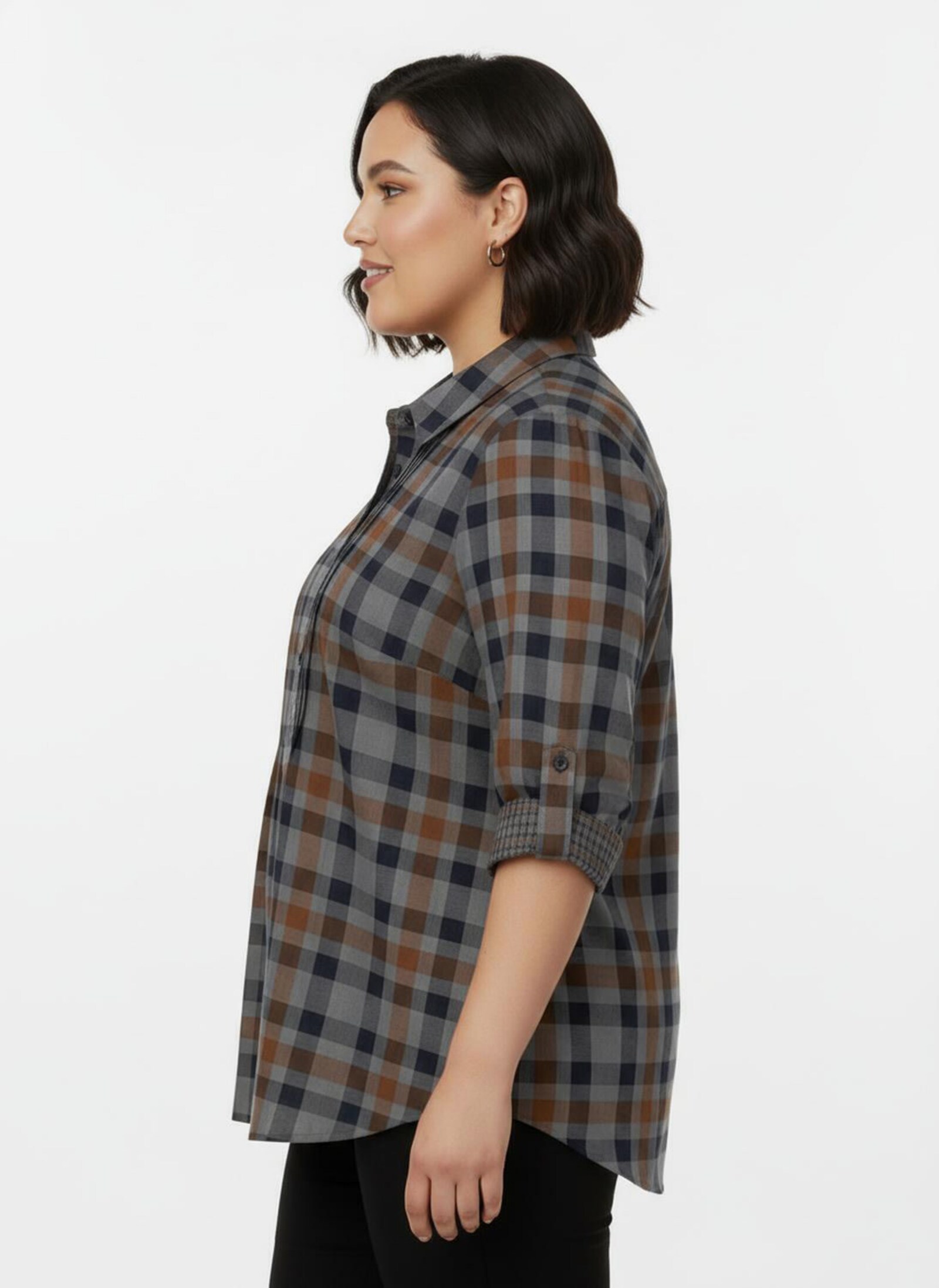 Langarmbluse mit Biesen, kariert - cognac-kariert