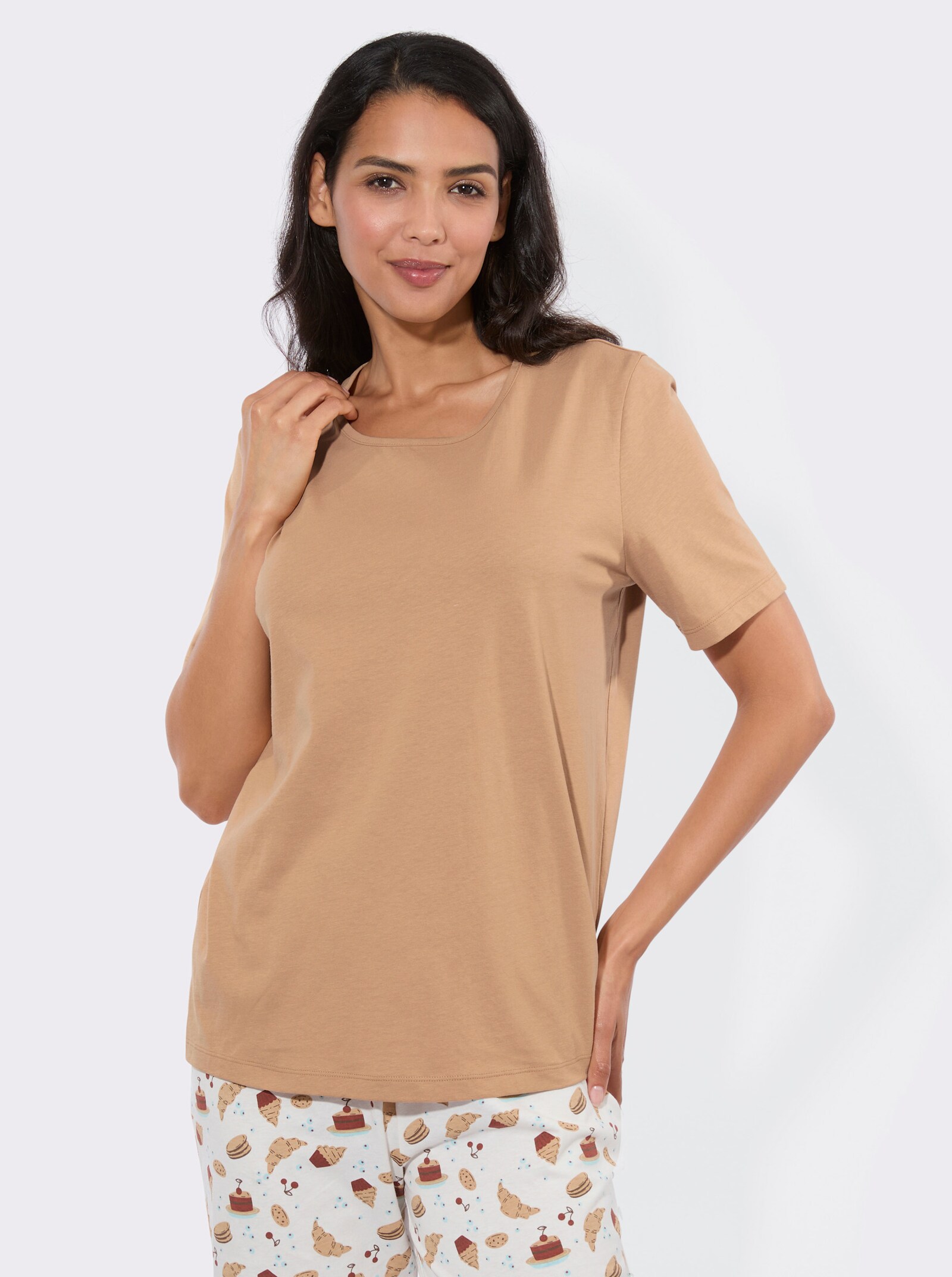 Schlafanzugshirt mit Rundhals-Ausschnitt - camel