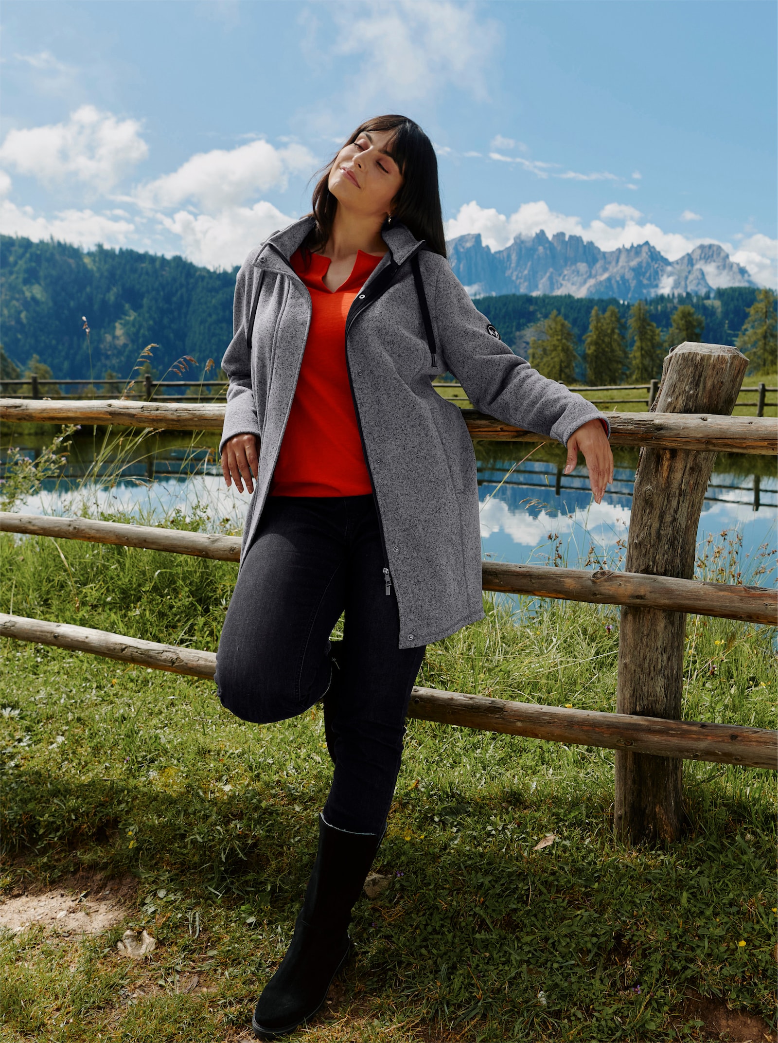 sheego Strickfleecejacke mit Kapuze - anthrazit-meliert