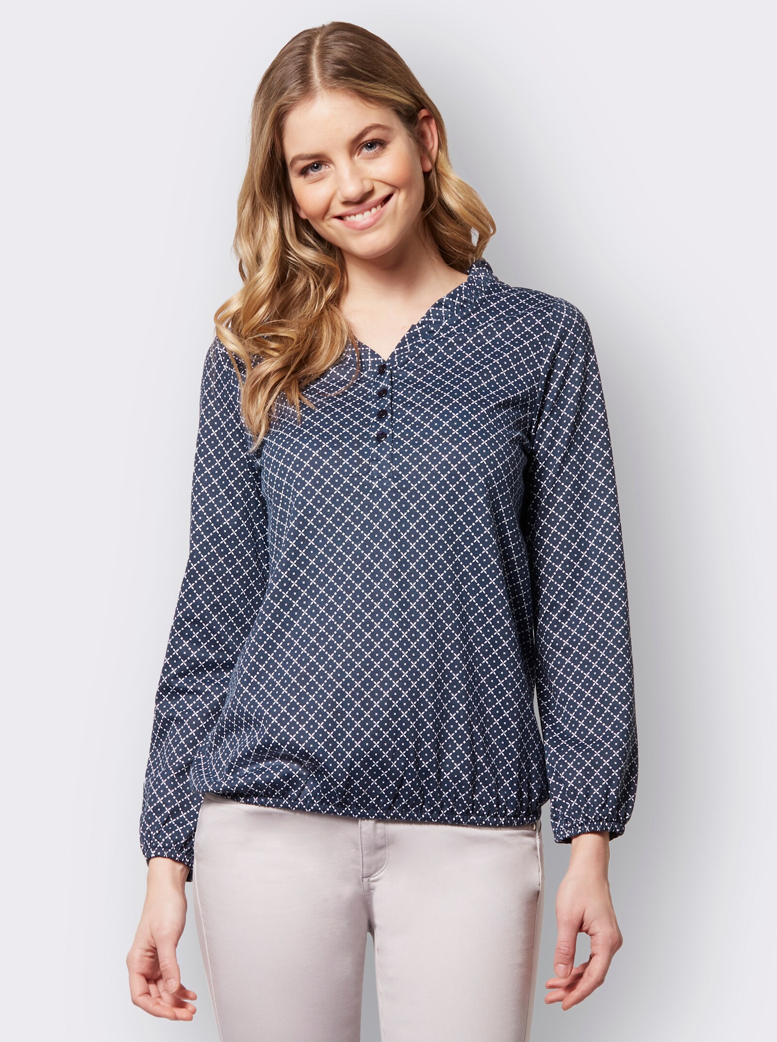 Shirt met print en korte knoopsluiting - marine/wit