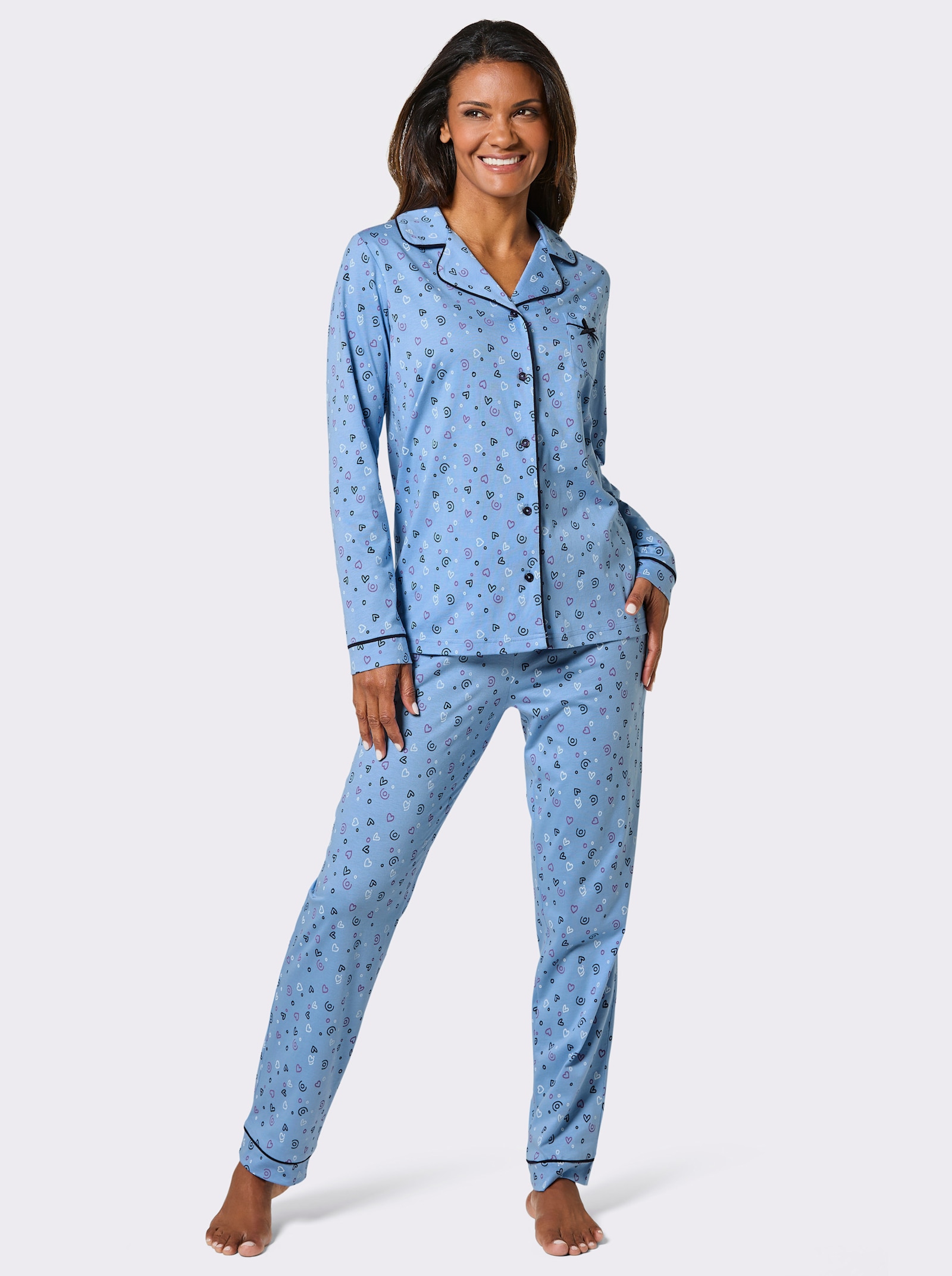 wäschepur Pyjama mit Herz-Motiven - himmelblau-marine-bedruckt