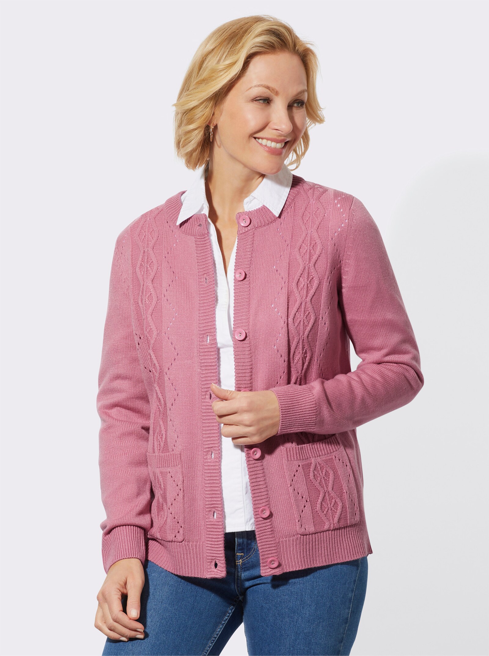 Strickjacke mit Ajourmuster - altrosa