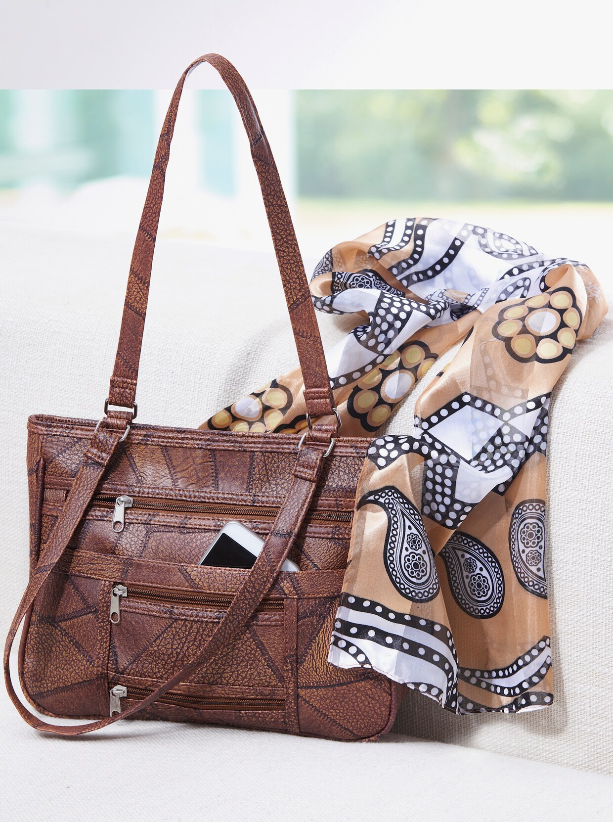 Tasche + Schal - cognac-gemustert