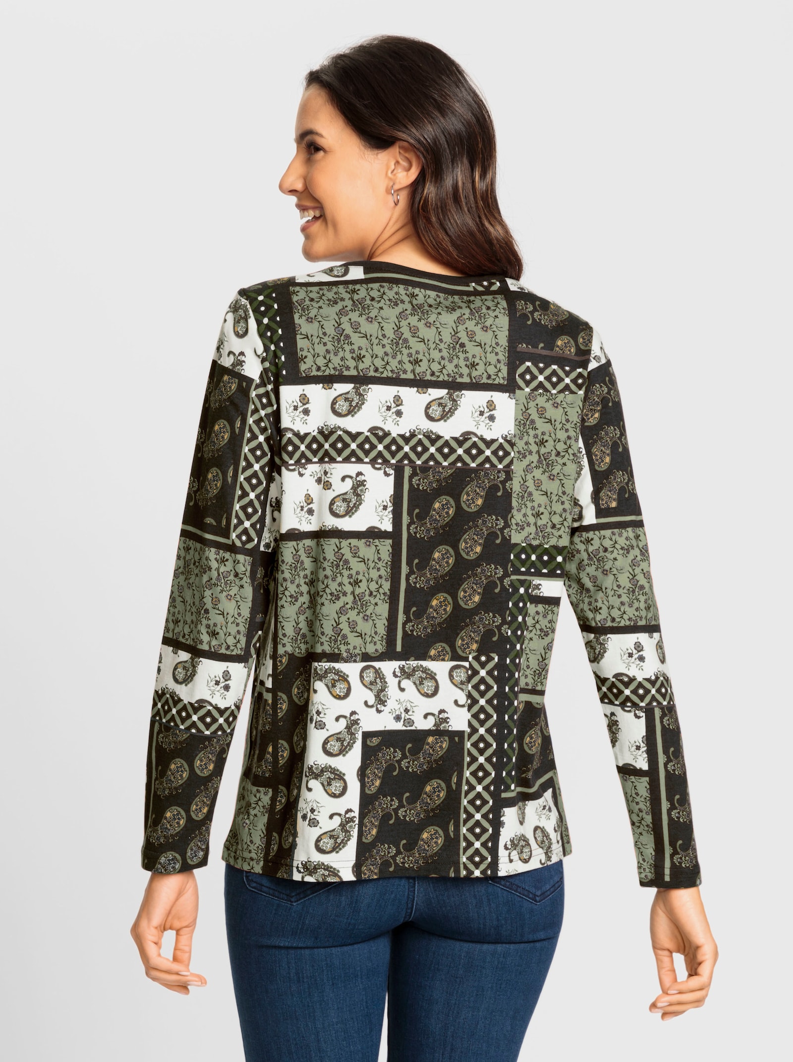 Shirt met lange mouwen in patchworkdessin - olijf geprint