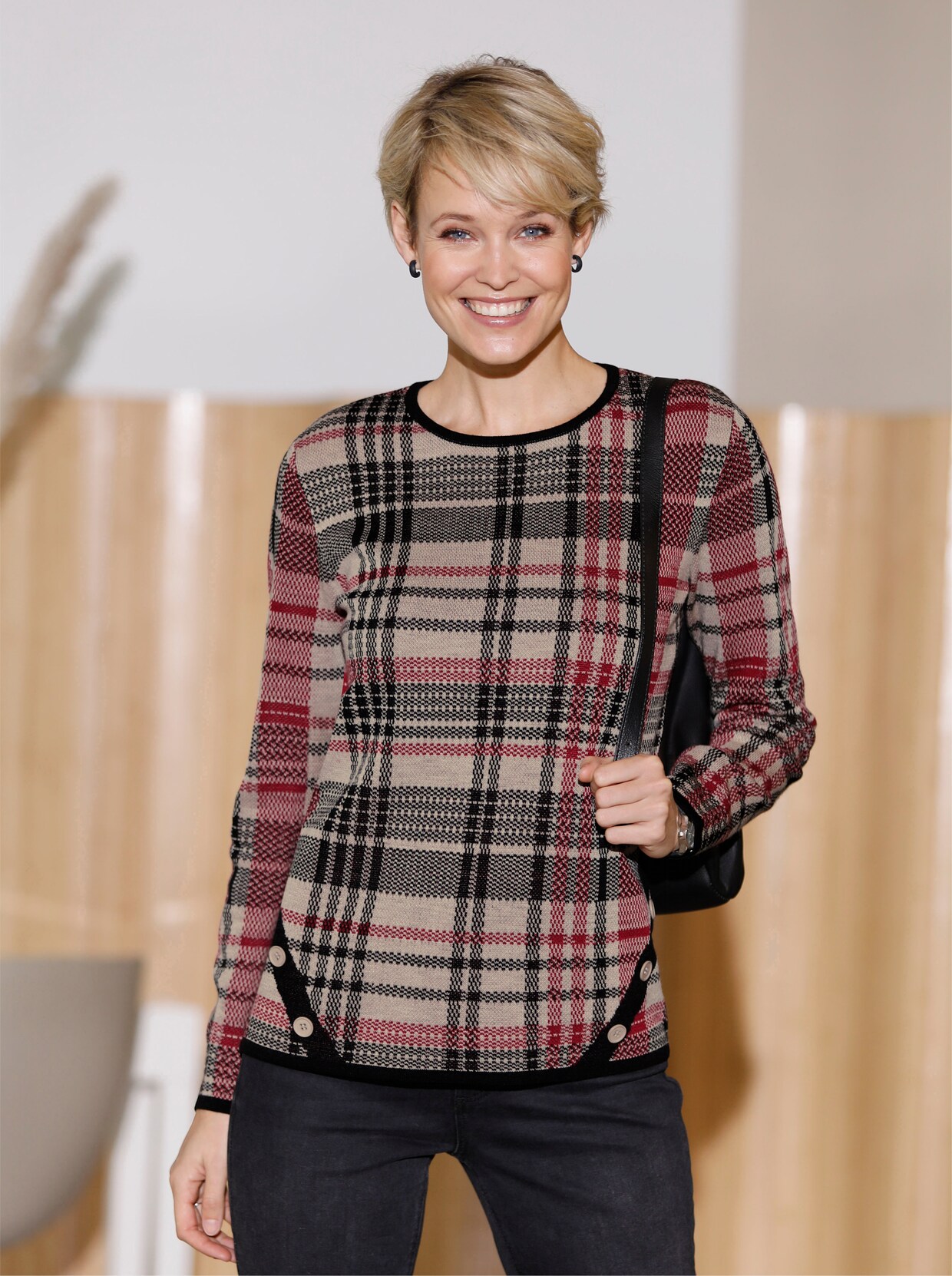 Jacquardpullover - sand-kariert