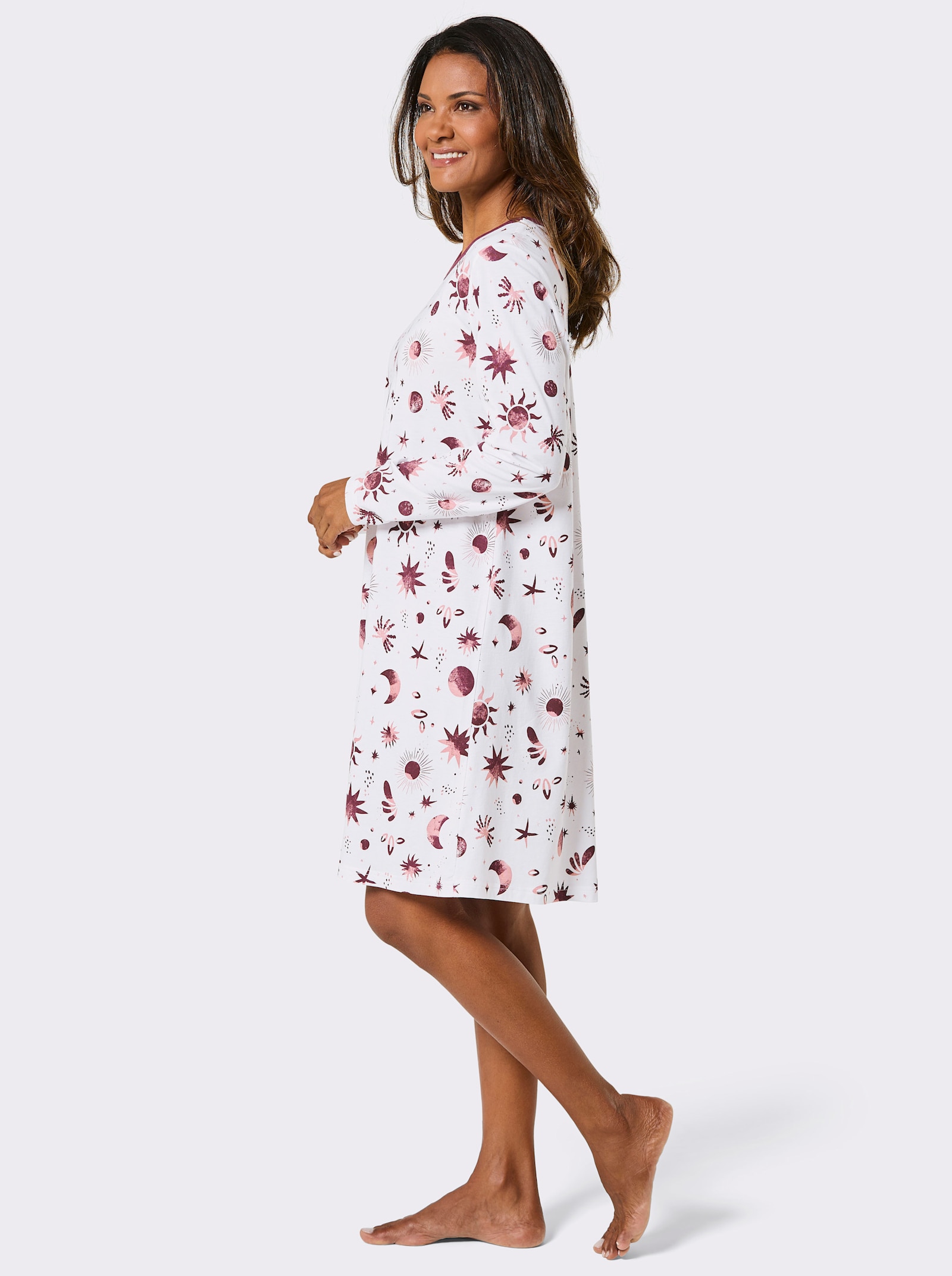 wäschepur Langarm-Sleepshirt in leichter A-Form - ecru-burgund-bedruckt