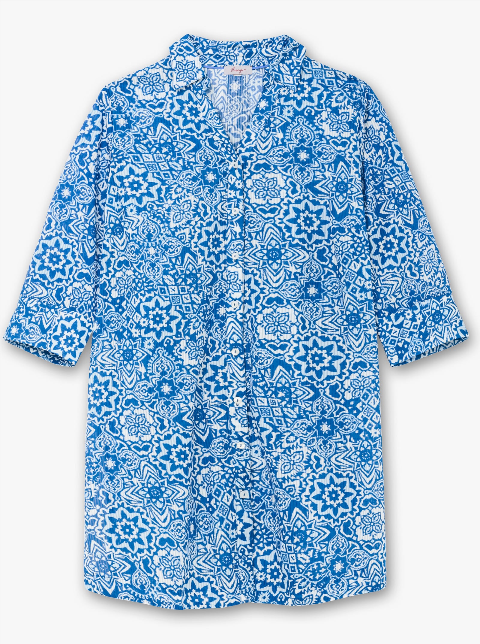 sheego Hemdbluse mit Blätterdruck und 3/4-Ärmeln - kobalt-gemustert