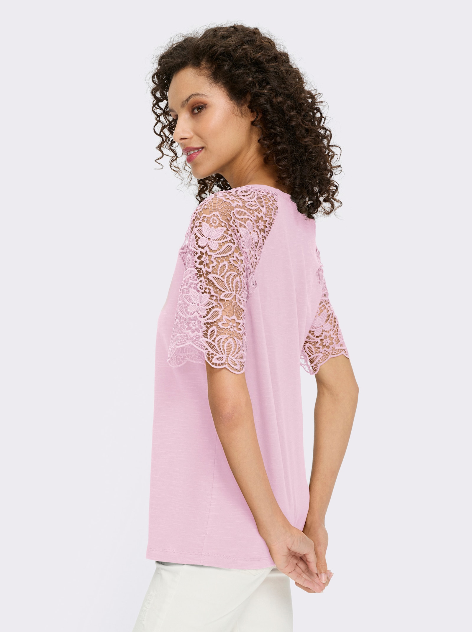 heine Rundhalsshirt mit Spitze - hellrosé