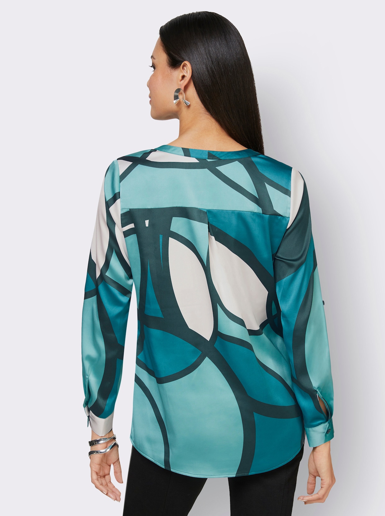 Longline blouse - ecru/petrol bedrukt