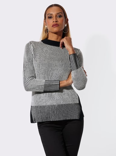 Rundhalspullover im modernen Rippenstrick - ecru-schwarz