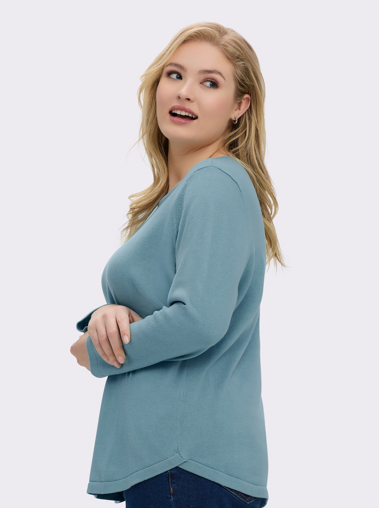 Baumwollpullover mit überlappendem Saum - aqua