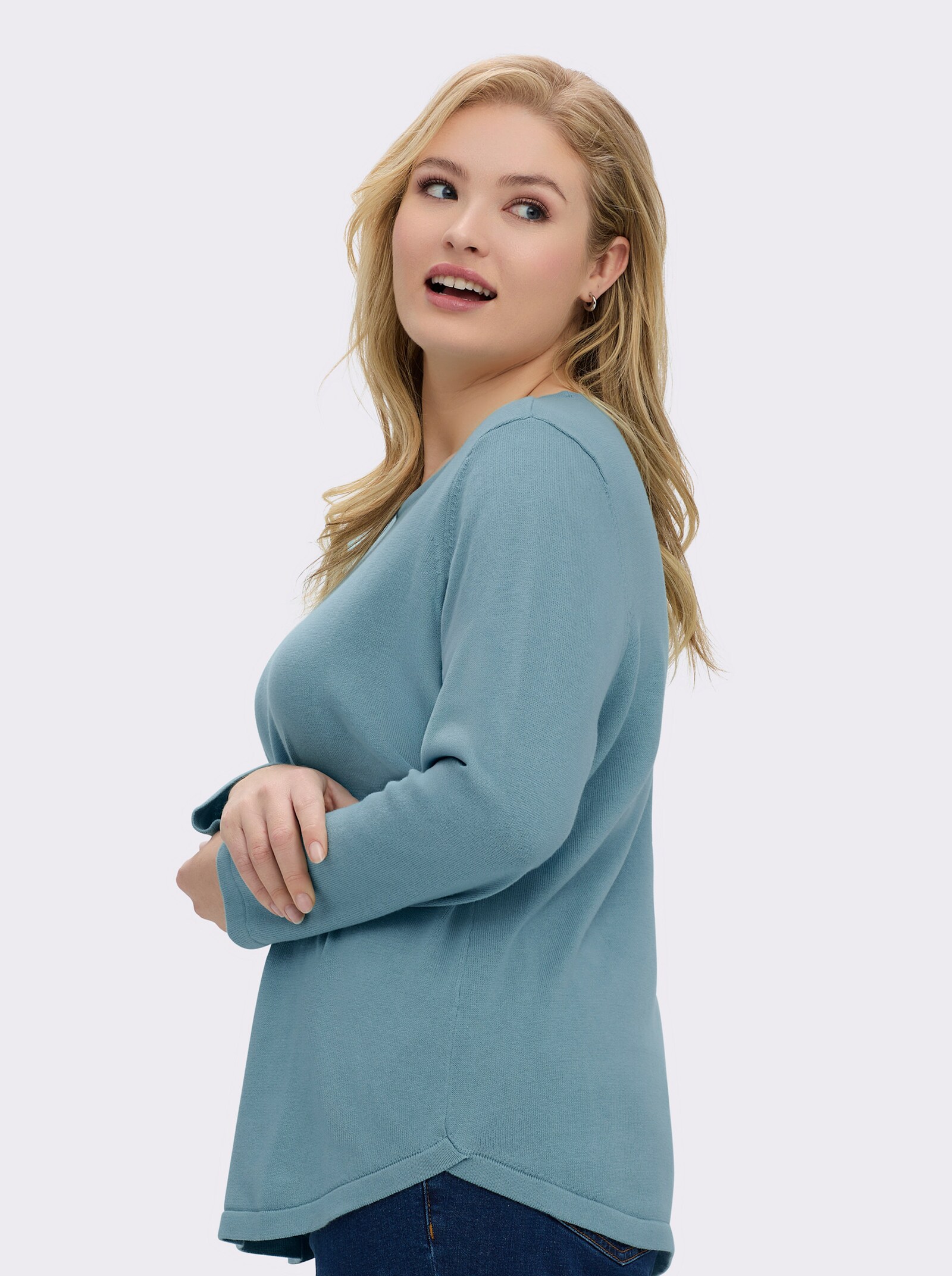 Baumwollpullover mit überlappendem Saum - aqua