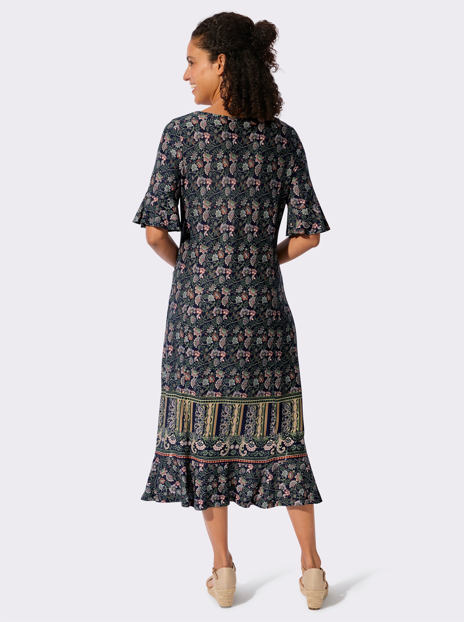 Jerseykleid mit Volants - marine-eucalyptus-bedruckt