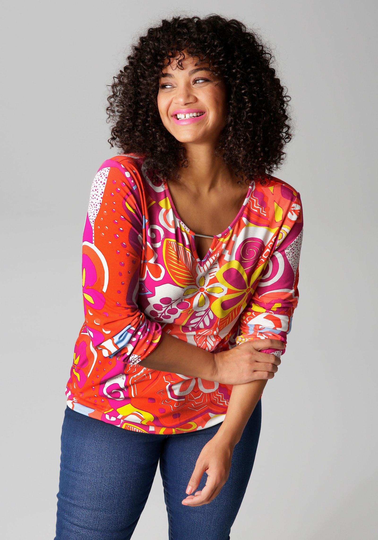 Aniston PLUS Langarmshirt - fuchsia-weiß-orangerot-gelb-türkis-hummer
