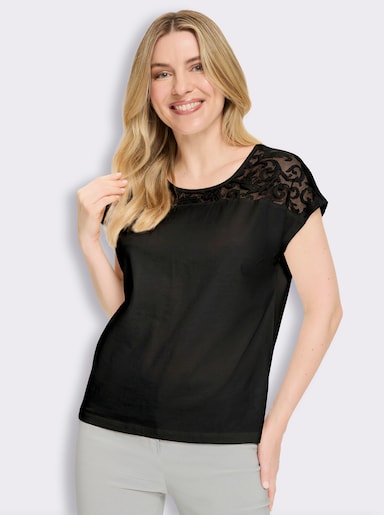 Rundhalsshirt mit Spitzeneinsatz - schwarz