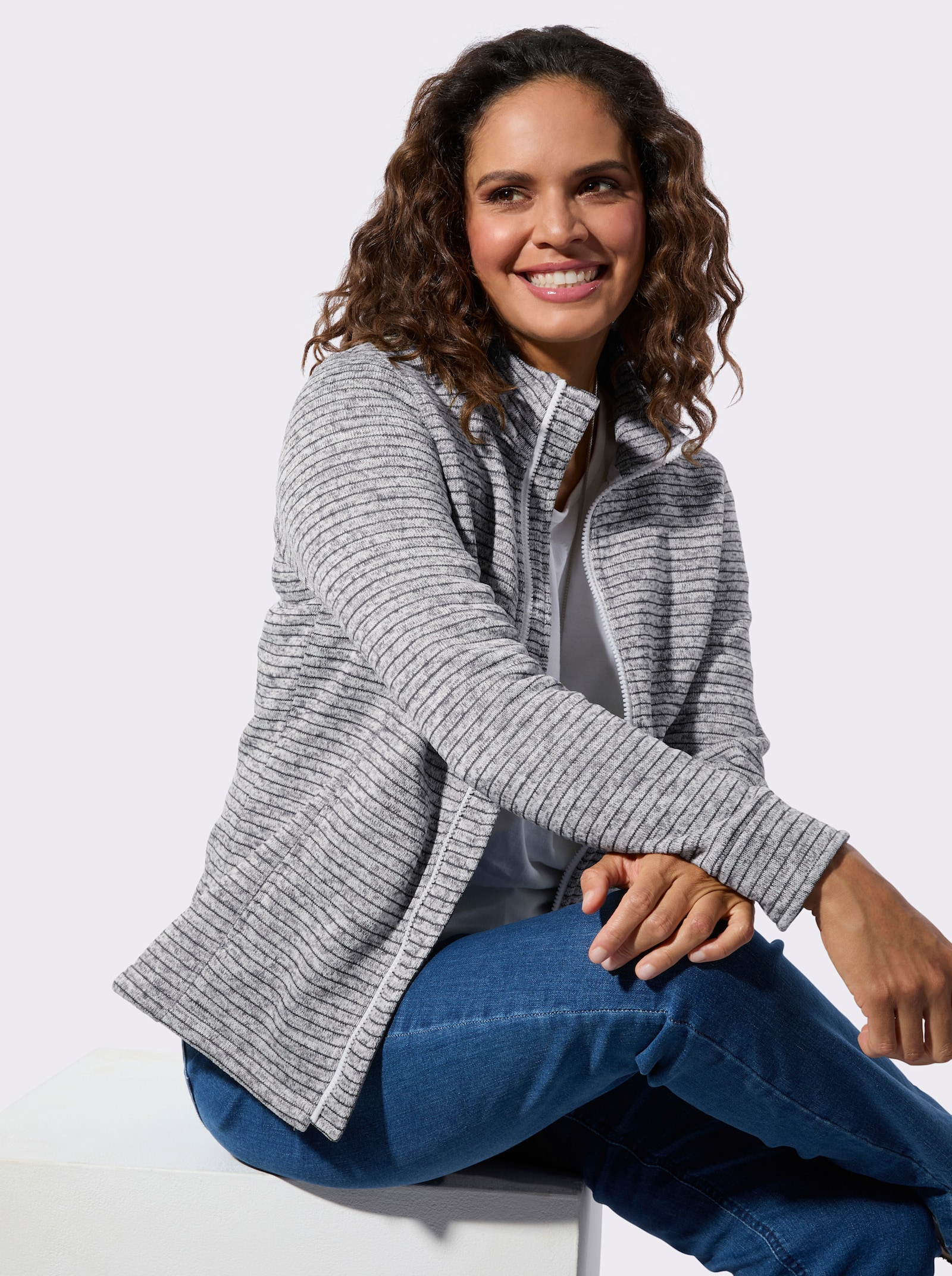 Strickfleecejacke mit Nahttaschen - hellgrau-meliert