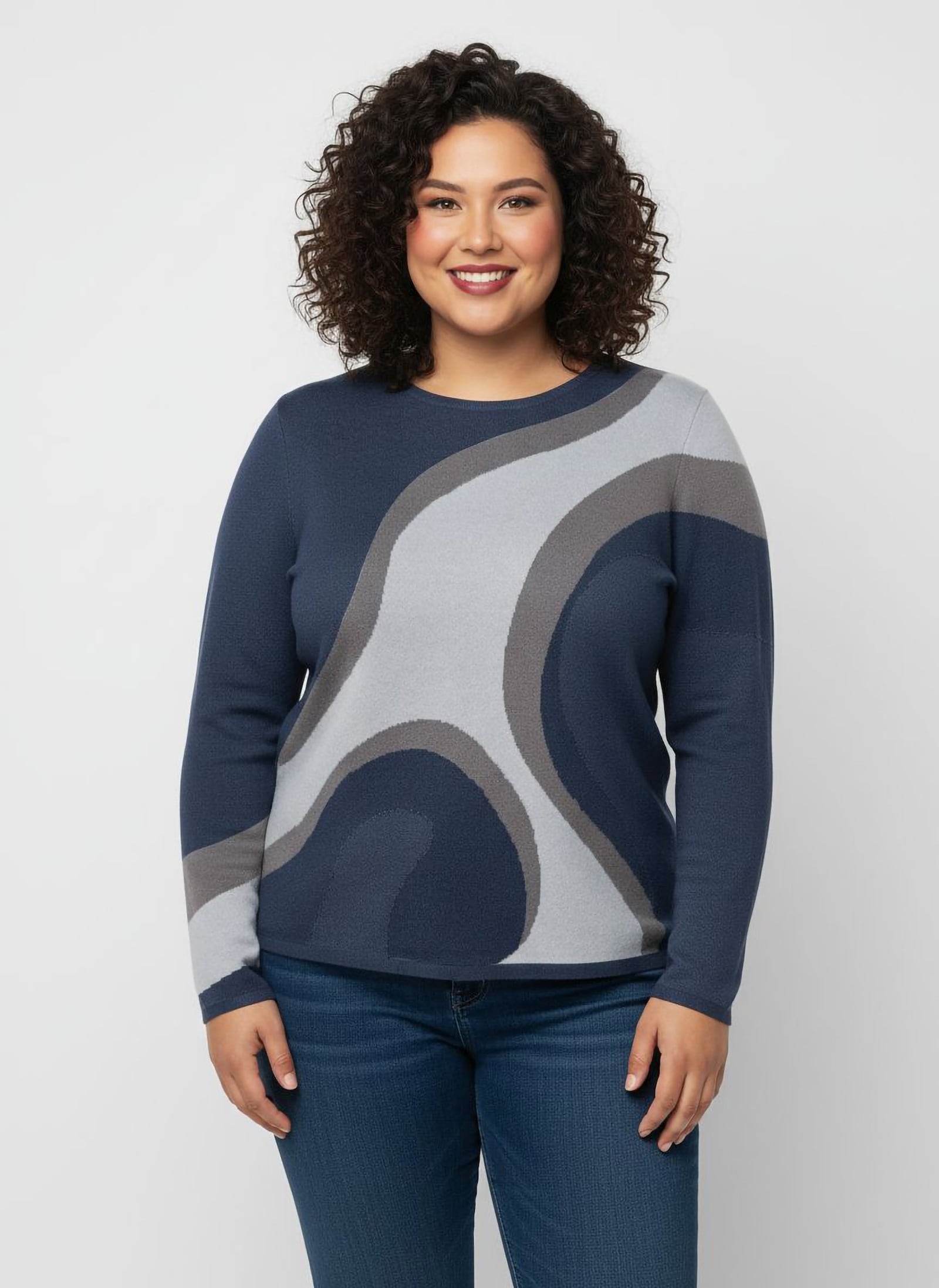 Strickpullover in Jacquard-Strick - dunkelblau-rauchblau-gemustert