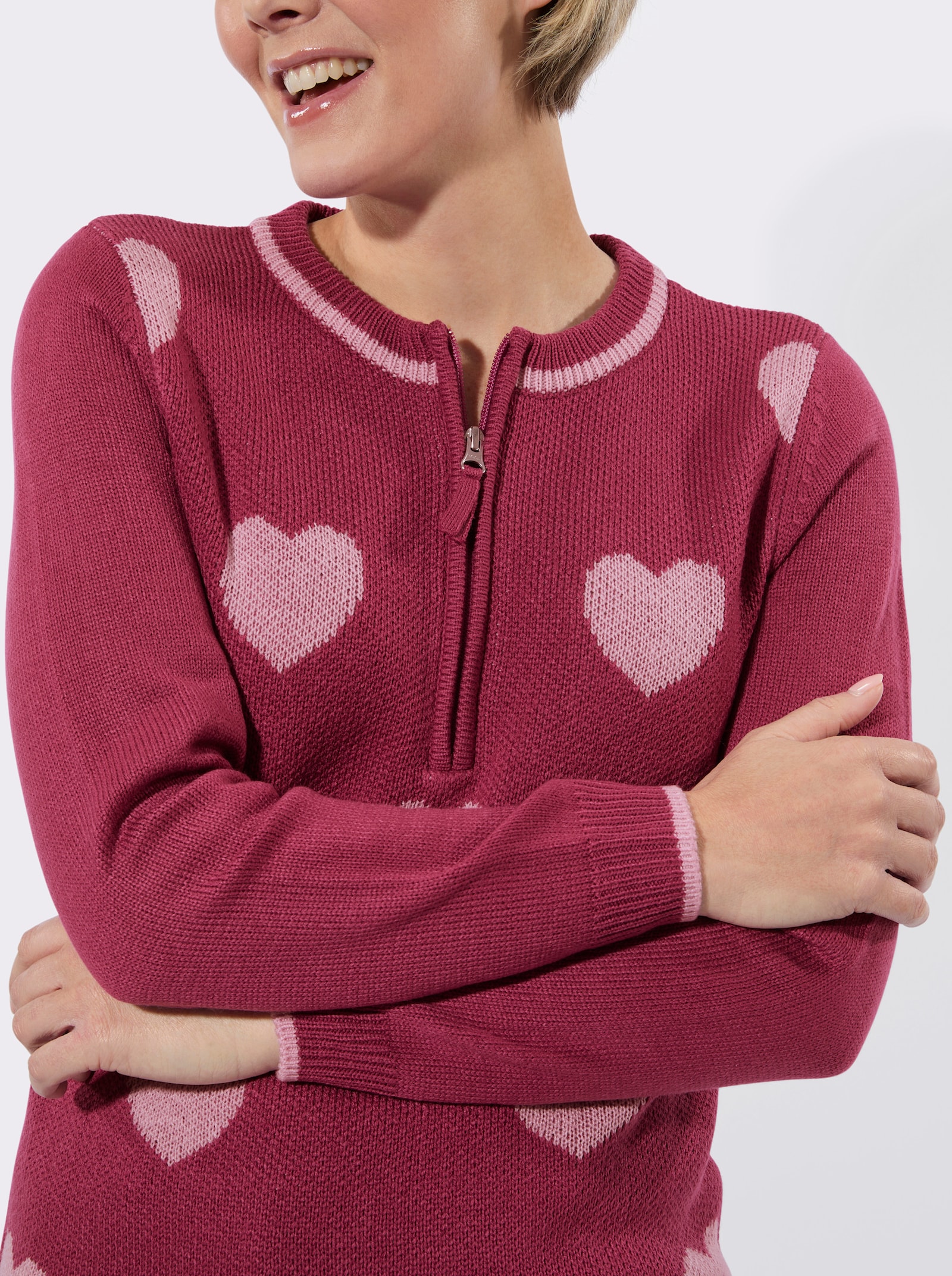 Langarm-Pullover mit Herz-Muster - erika-rosé-gemustert