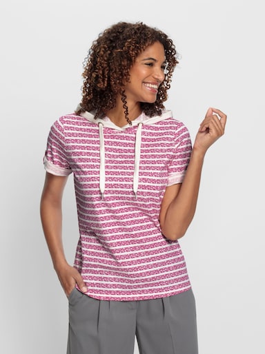 Kapuzenshirt aus reiner Baumwolle - magenta-ecru-geringelt