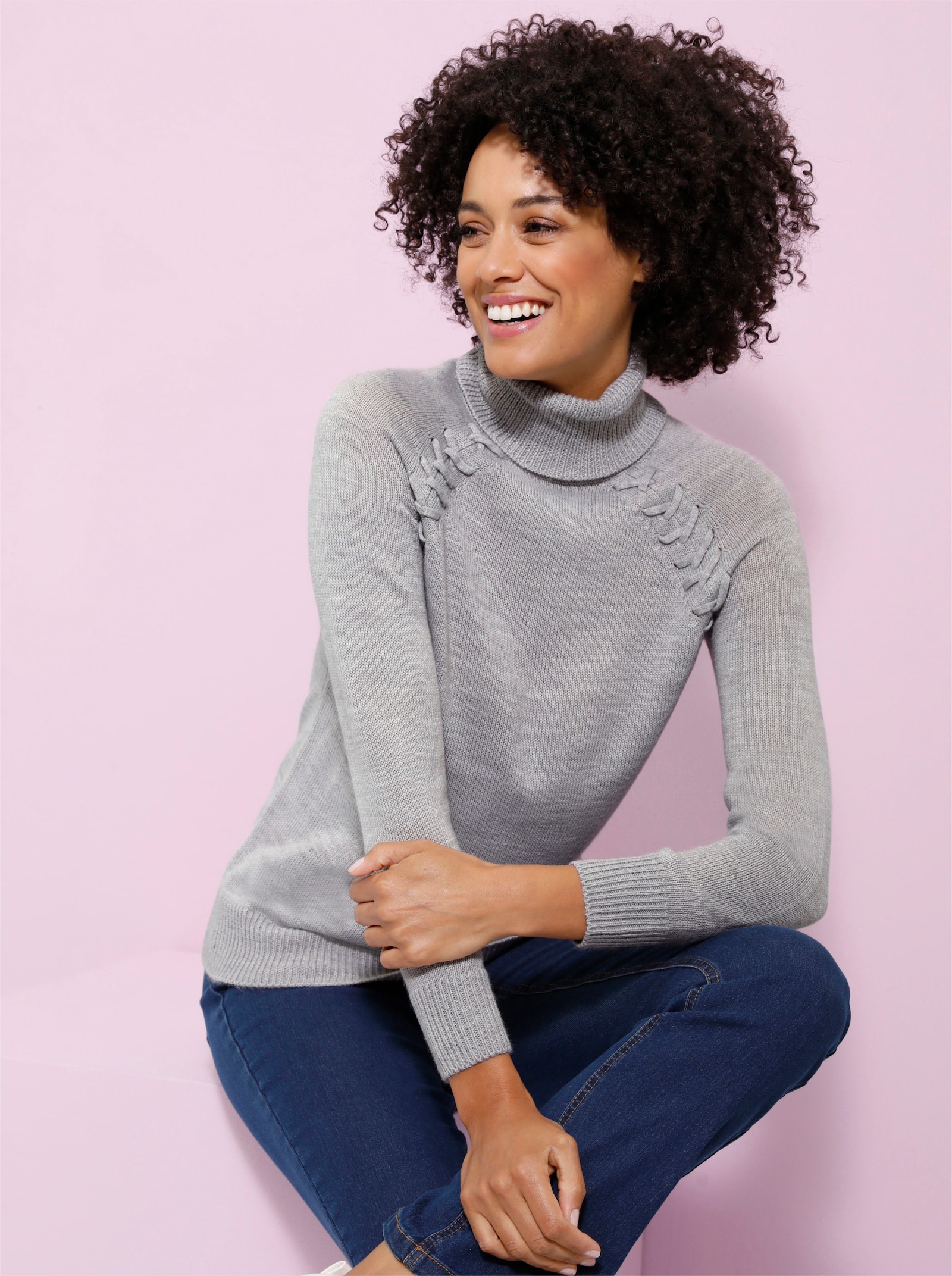 Rollkragenpullover mit Zierband-Detail - steingrau-meliert