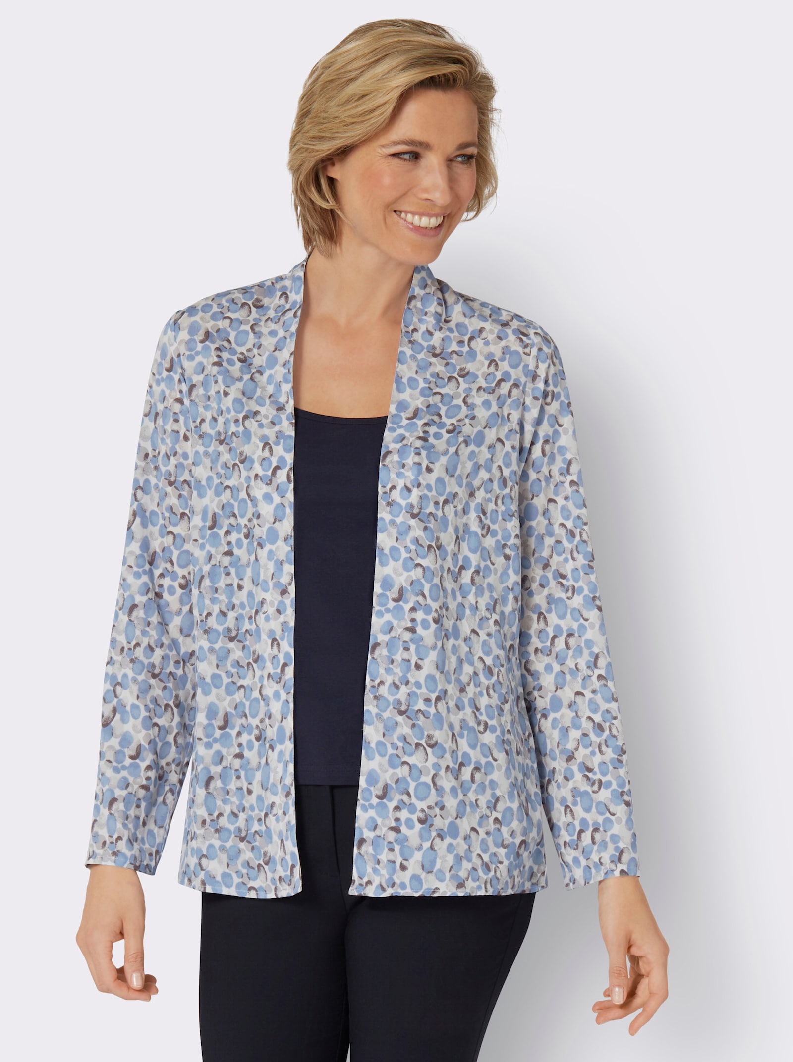 Blusenjacke in offener Form - eisblau-steingrau-bedruckt