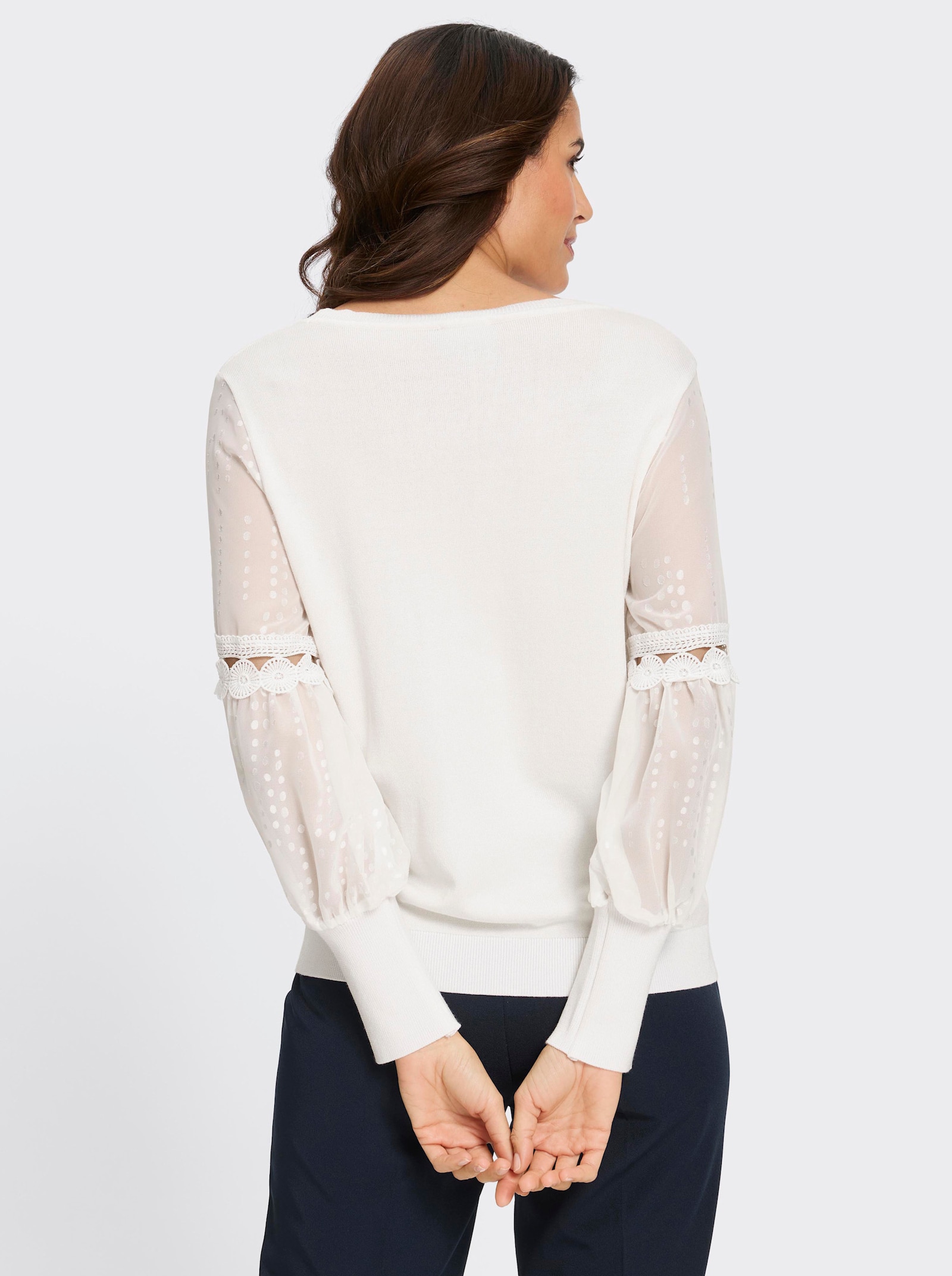 Feinstrickpullover mit gewebten Ballon_Ärmeln - ecru