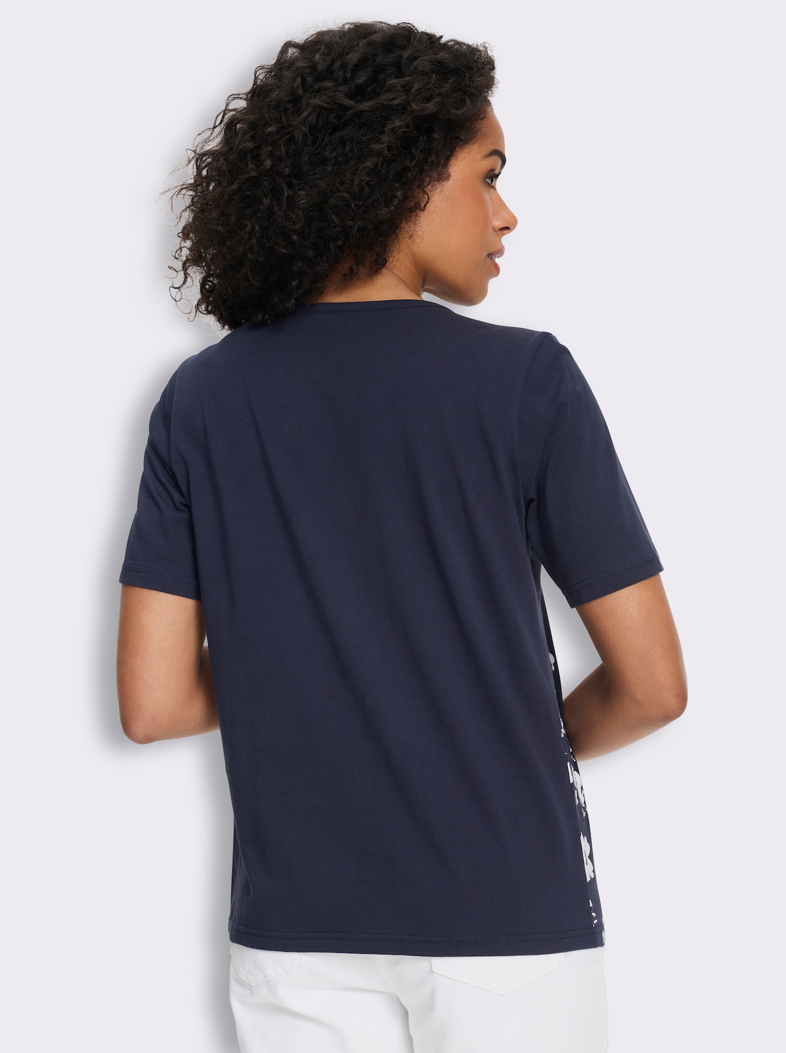 Kurzarmshirt mit Blüten-Druck - marine-weiß