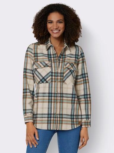 Flanellbluse mit mehrfarbigem Webkaro - jade-elfenbein-kariert