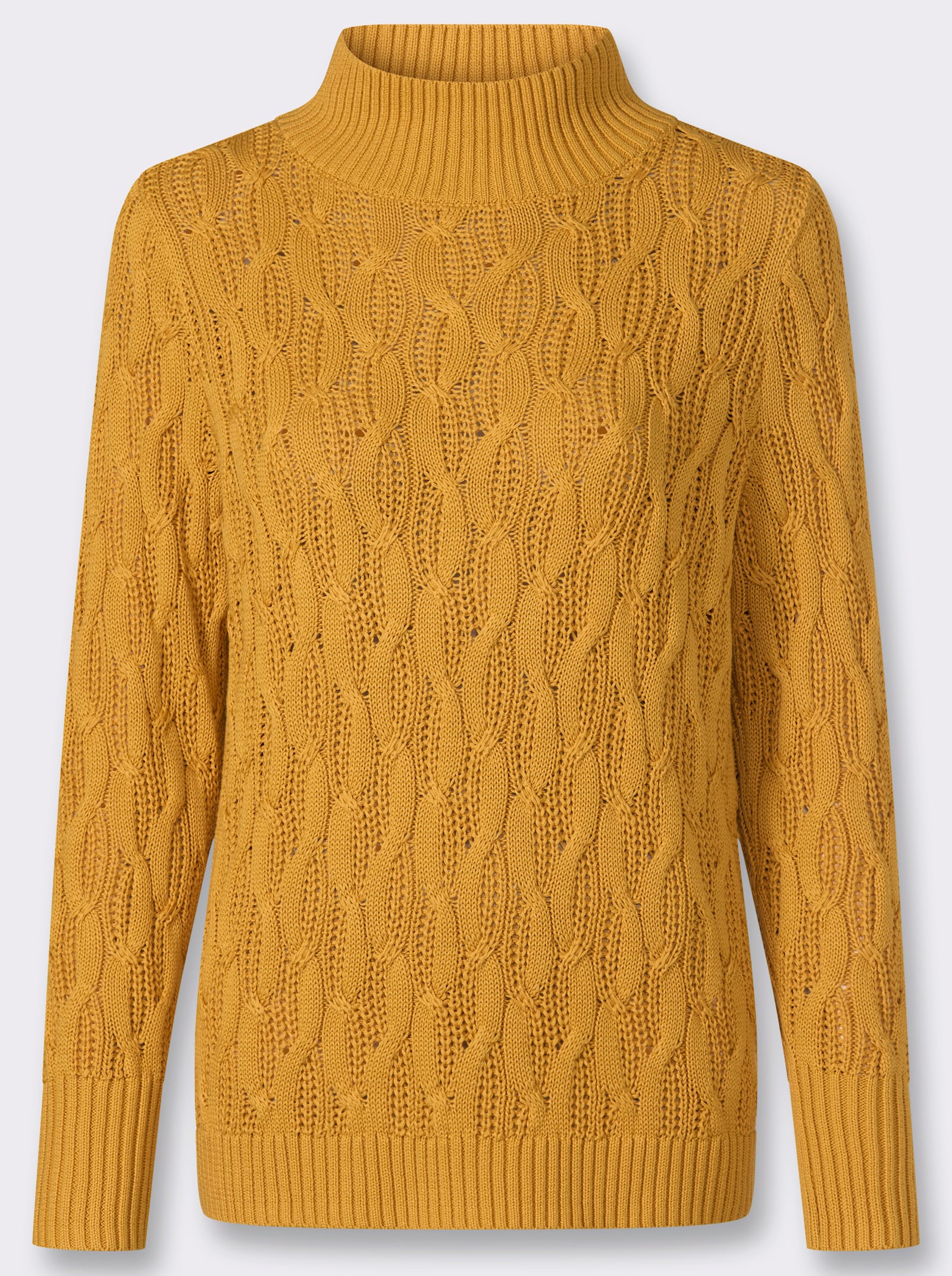 Stehkragenpullover mit Zopfmuster rundum - ocker