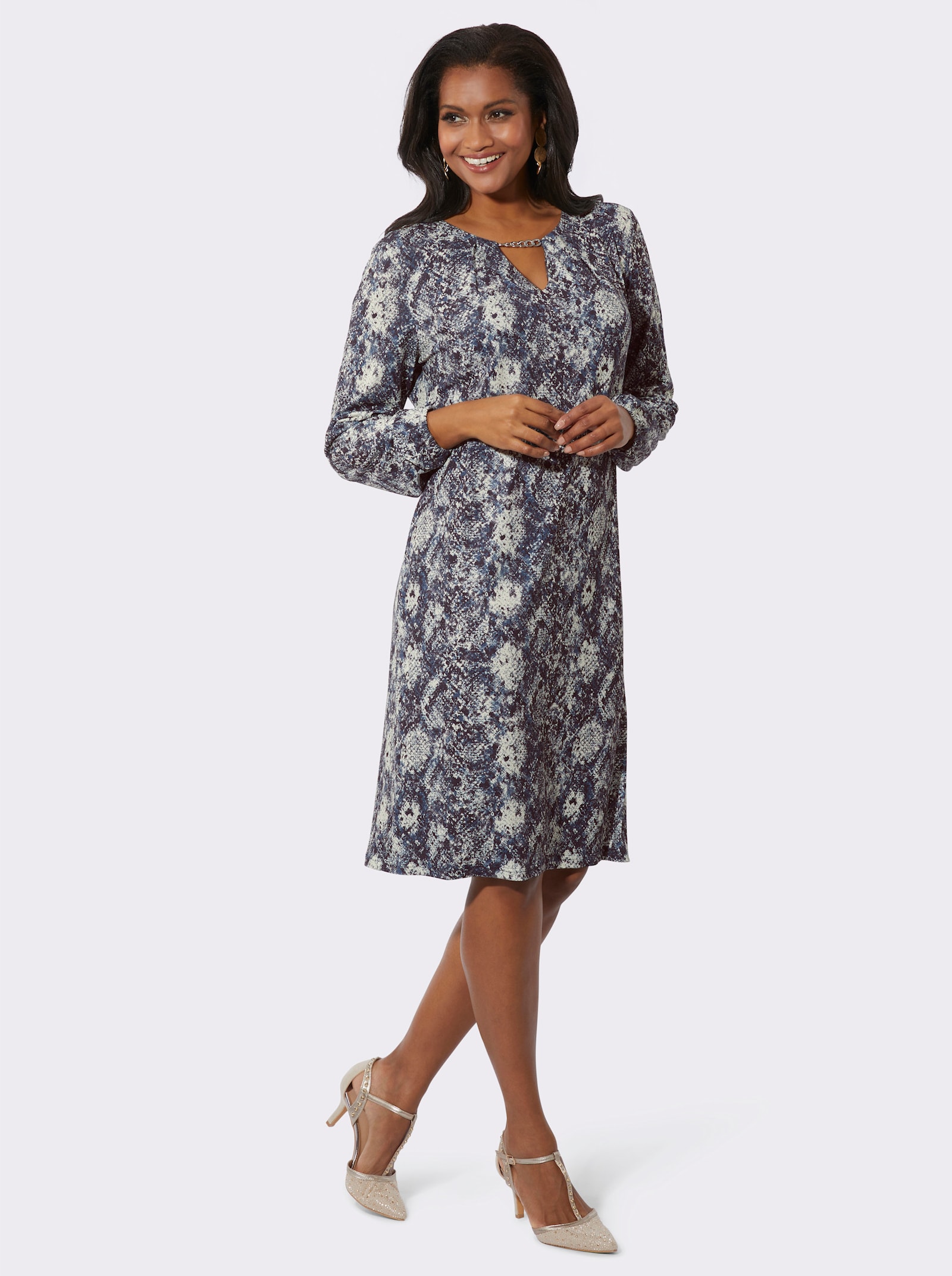 Jerseykleid mit Rückenverschluss - champagner-rauchblau-bedruckt
