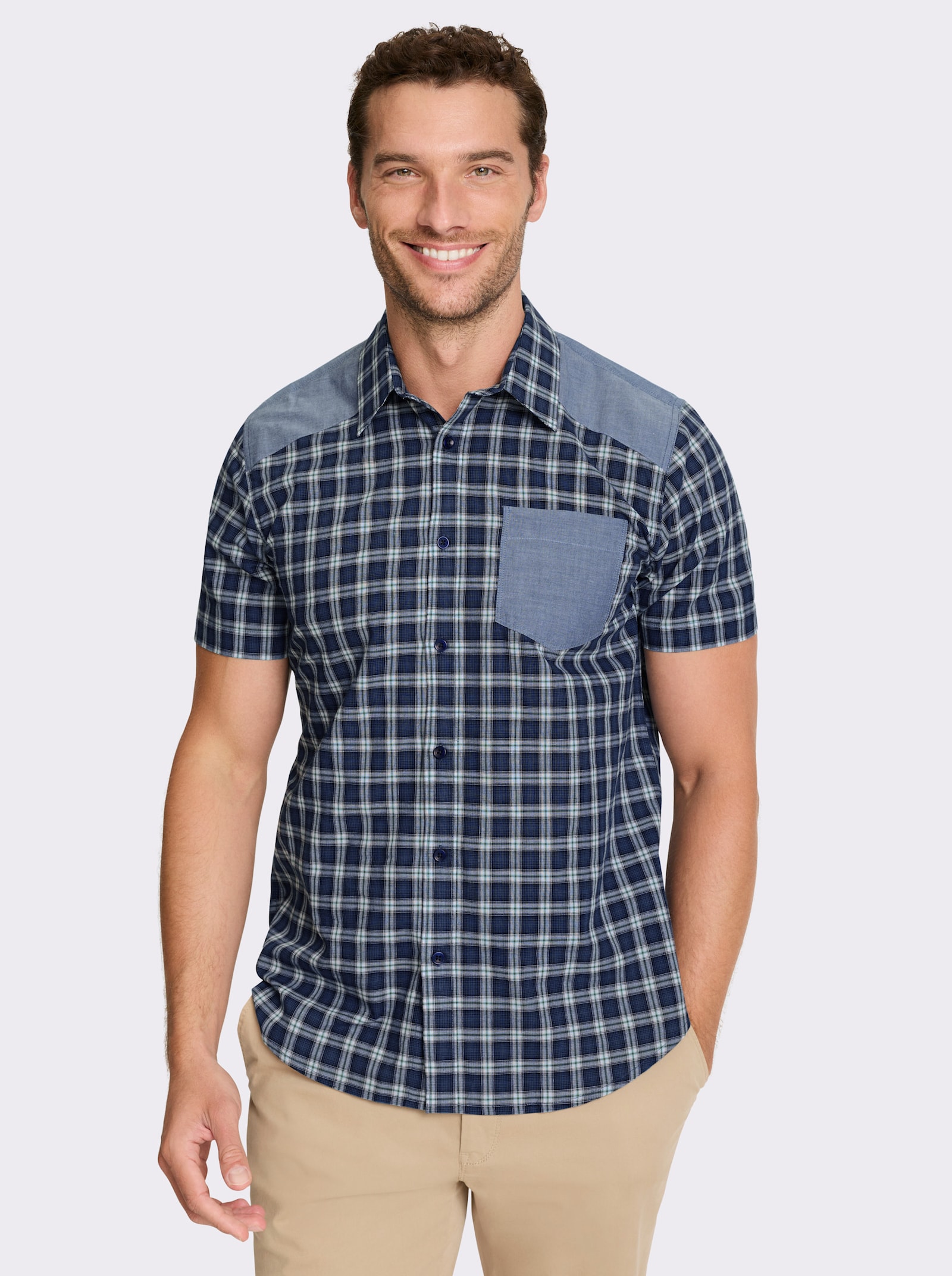 Catamaran Kurzarmhemd mit Webbesätzen, kariert - marine-weiß-kariert