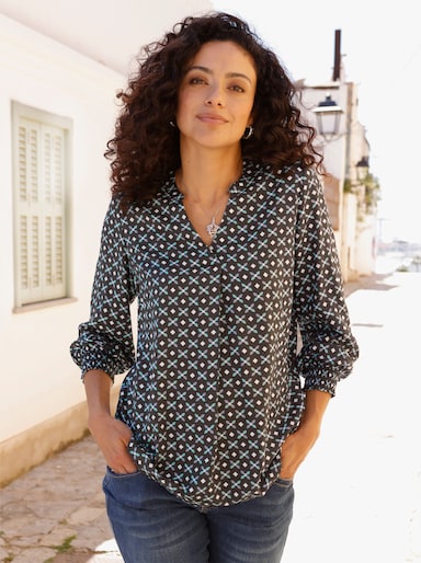 Longbluse mit Falte hinten - graphit-salbei-bedruckt