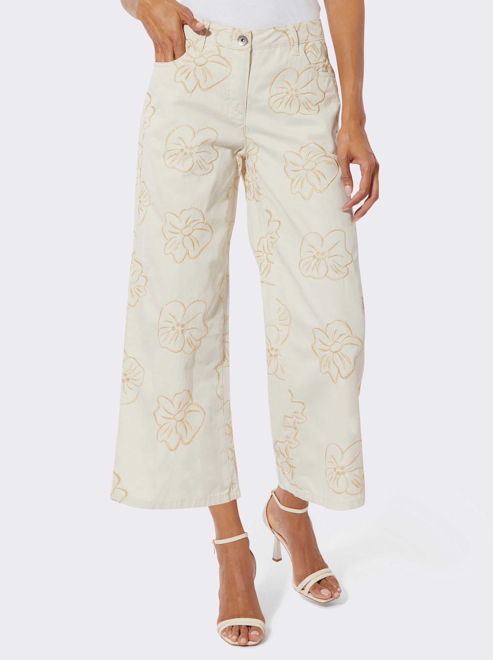 Jean 7/8 avec broderie - couleur ivoire-vanille
