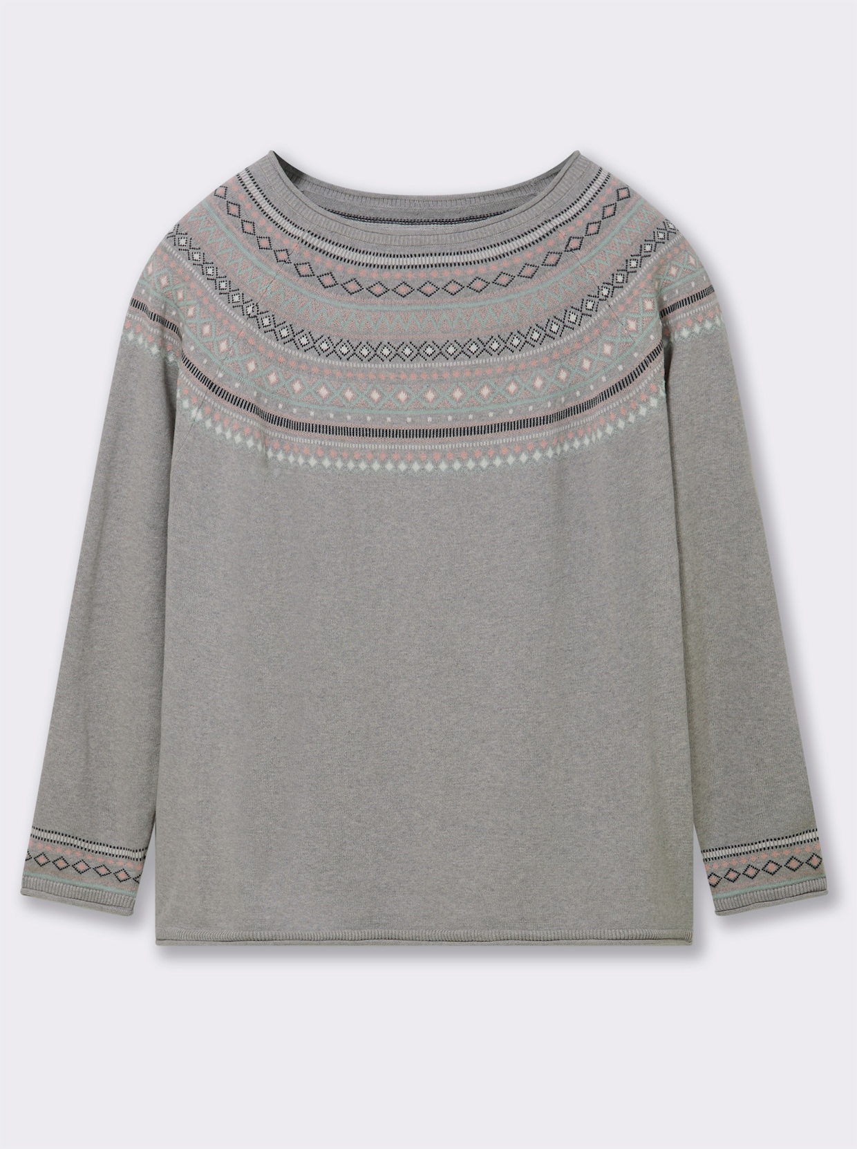 Norwegerpullover aus reiner Baumwolle - grau-meliert-gemustert